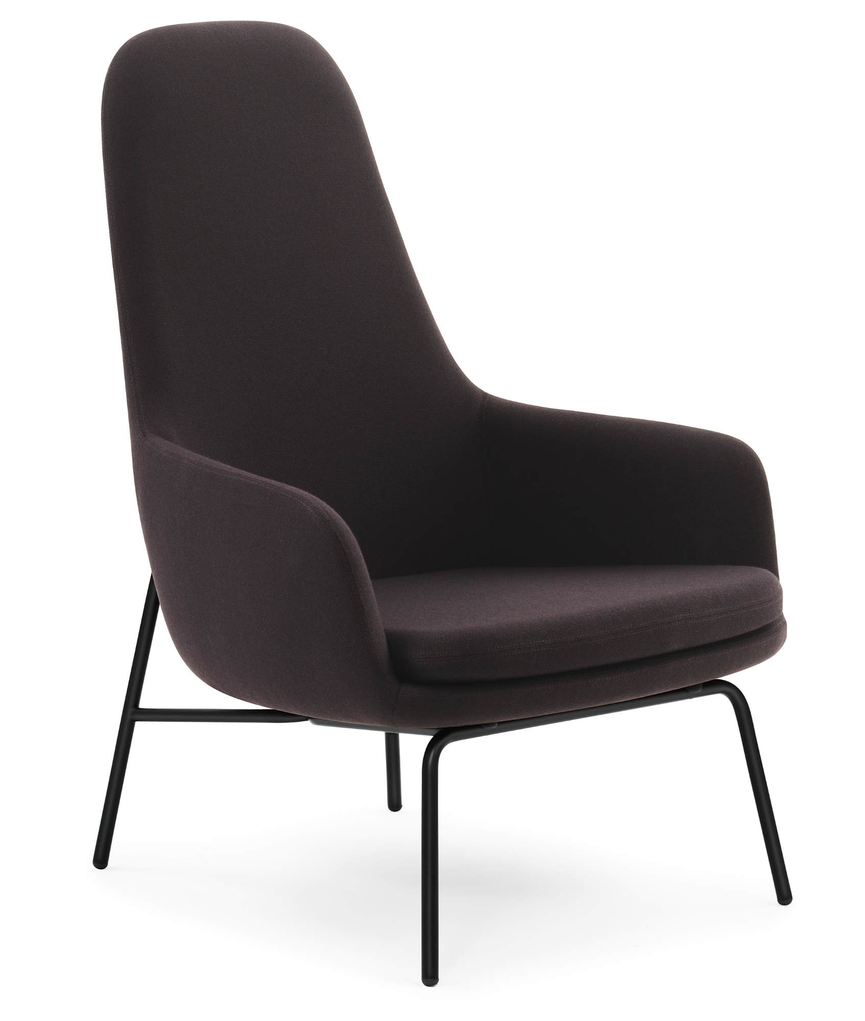 Era Lounge Chair von Normann Copenhagen, hoch, in dunklem Stoff und schwarzem Metallgestell.