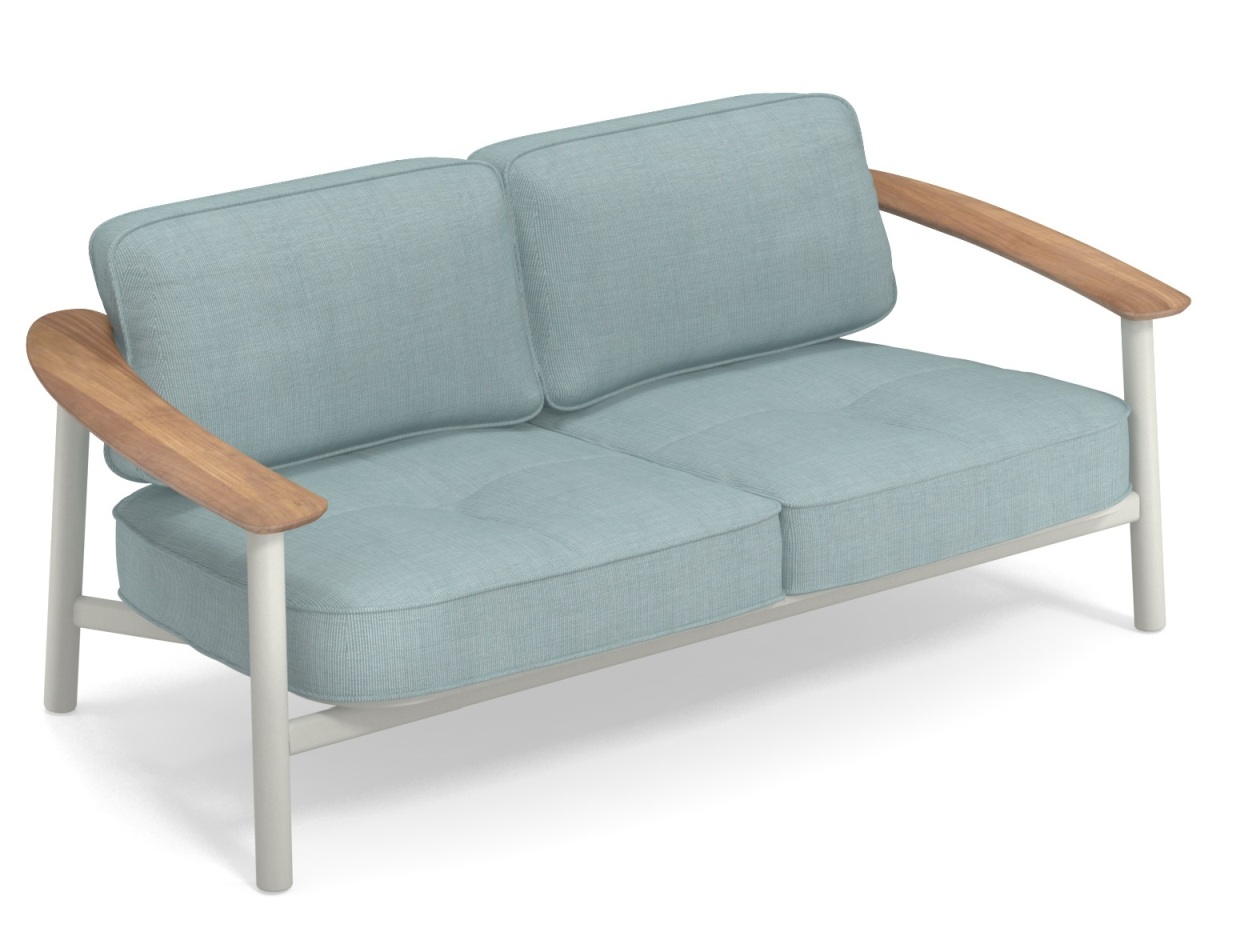 Emu Twins Outdoor Sofa, hellblaues 2-Sitzer Gartensofa mit Holzarmlehnen und weißem Rahmen.