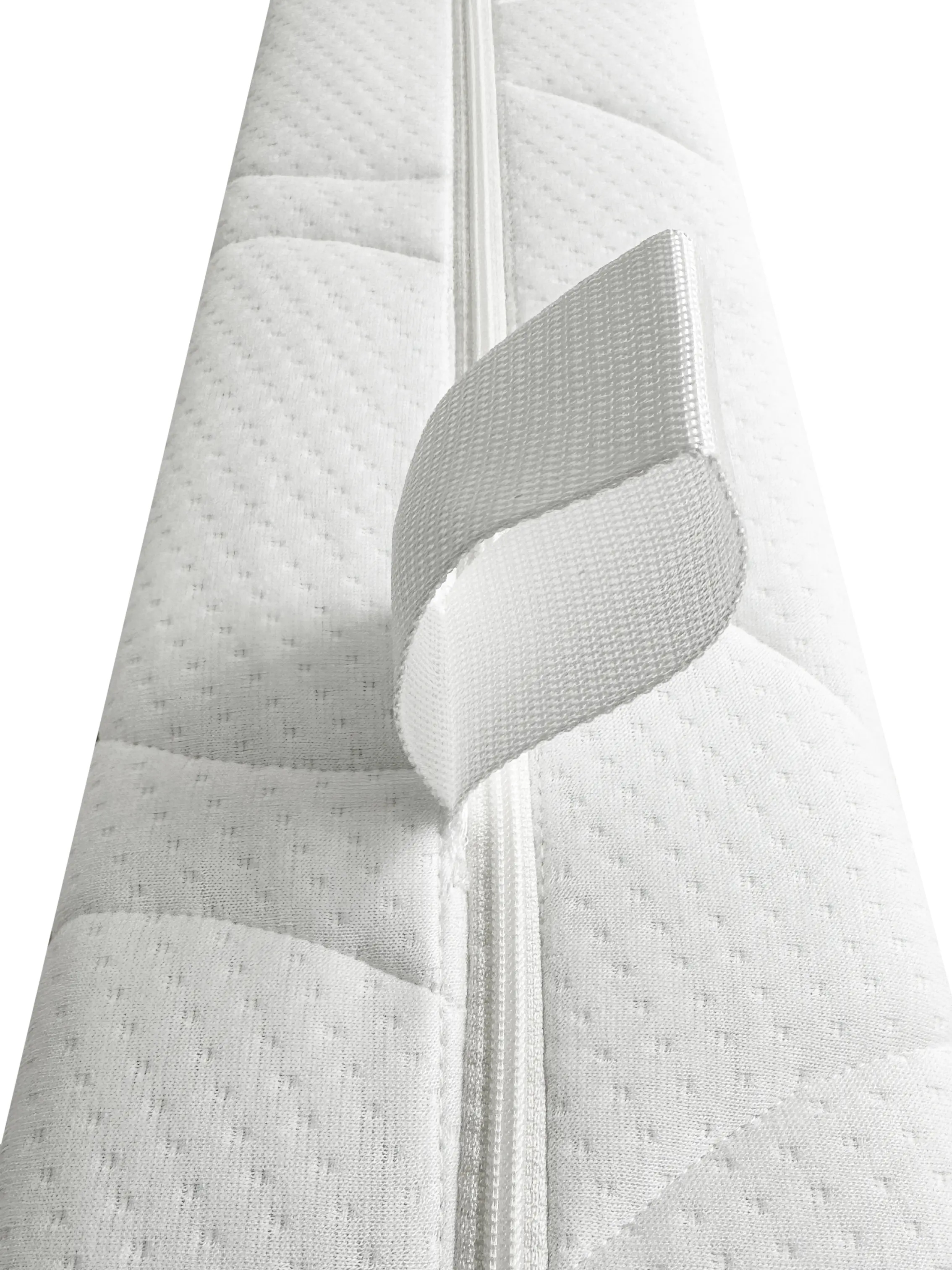 Detailaufnahme einer weißen 7-Zonen Hybridschaummatratze mit Reißverschluss und Trageschlaufe, ideal für hohen Schlafkomfort.