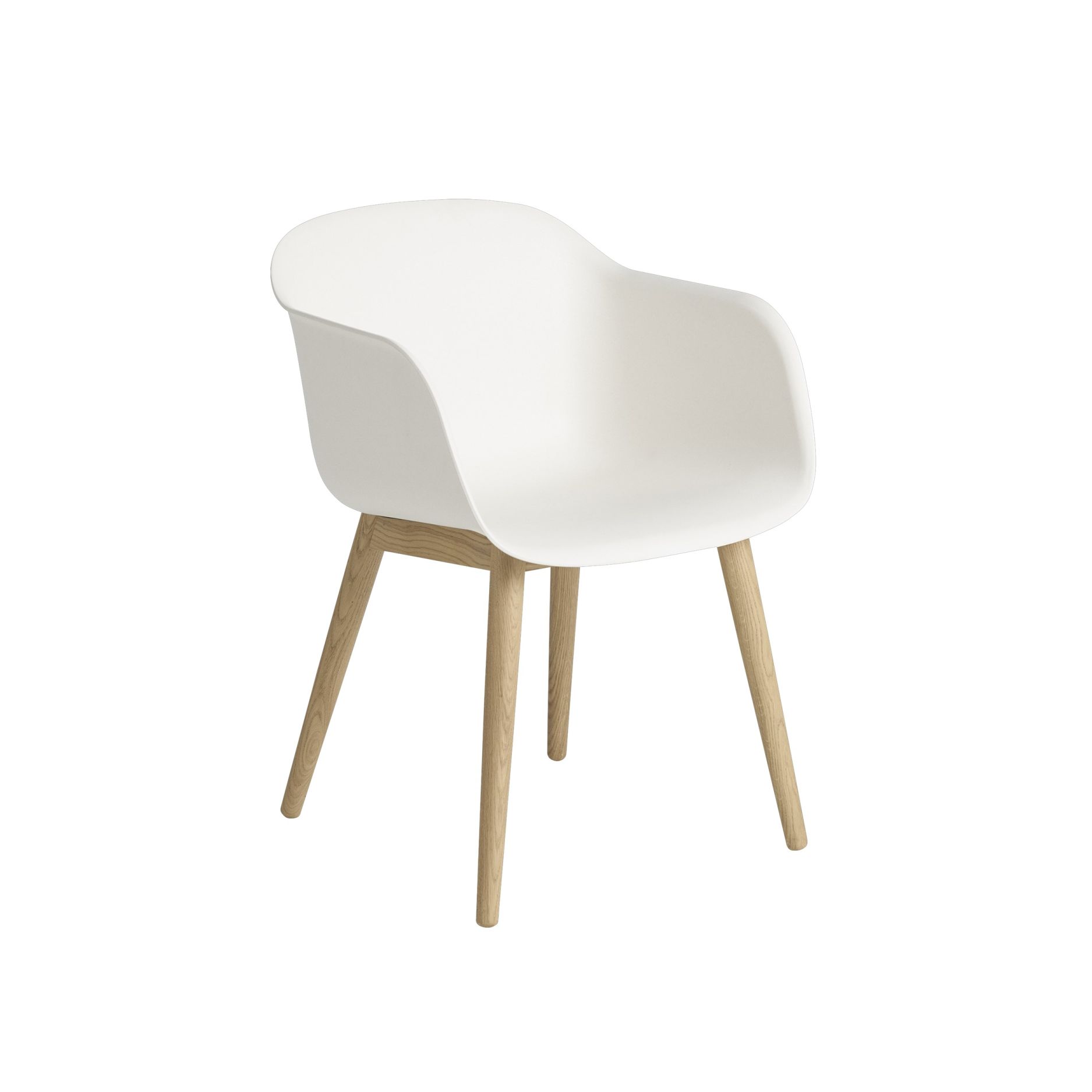 Weißer Fiber Armchair von Muuto mit Holzgestell, moderner skandinavischer Design Stuhl für Esszimmer und Wohnbereich.