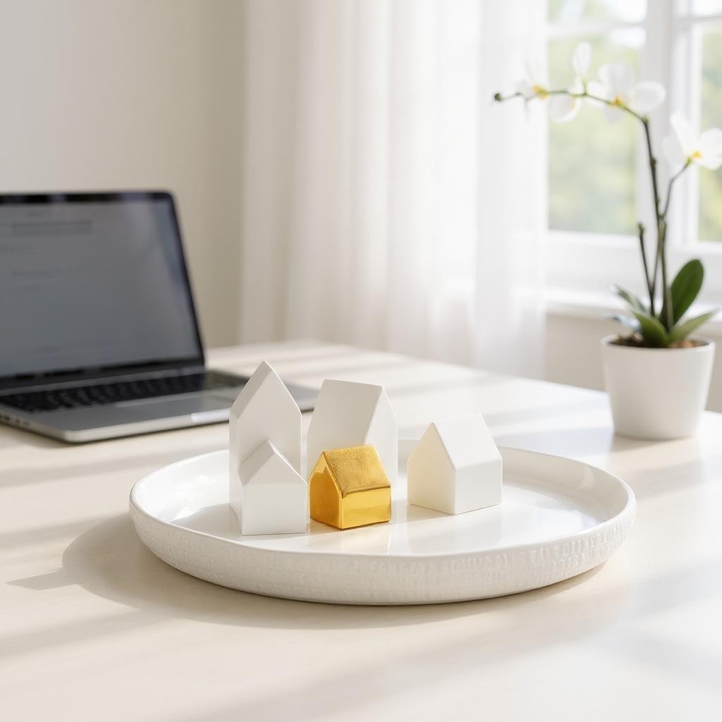 Porzellangeschichten Teller mit Miniatur-Häusern aus Porzellan, davon ein goldenes Haus, dekorativ auf Tisch mit Laptop.