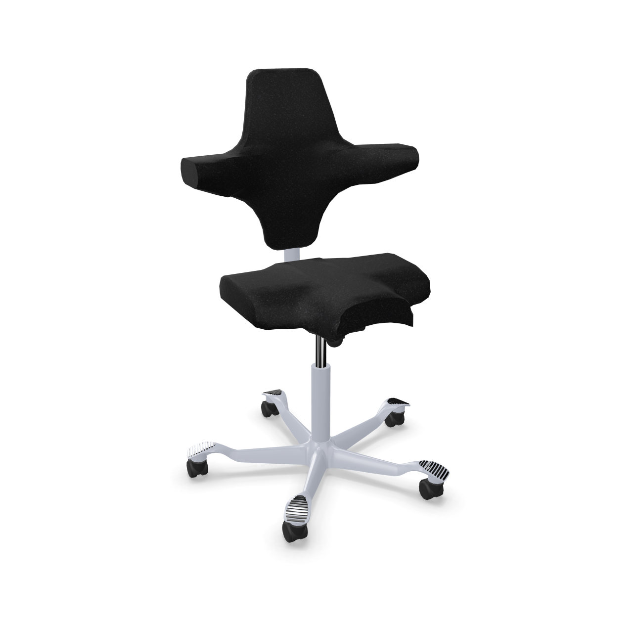 Schwarzer Capisco Bürostuhl mit Sattelsitz und weißem Fußkreuz für ergonomisches Sitzen.