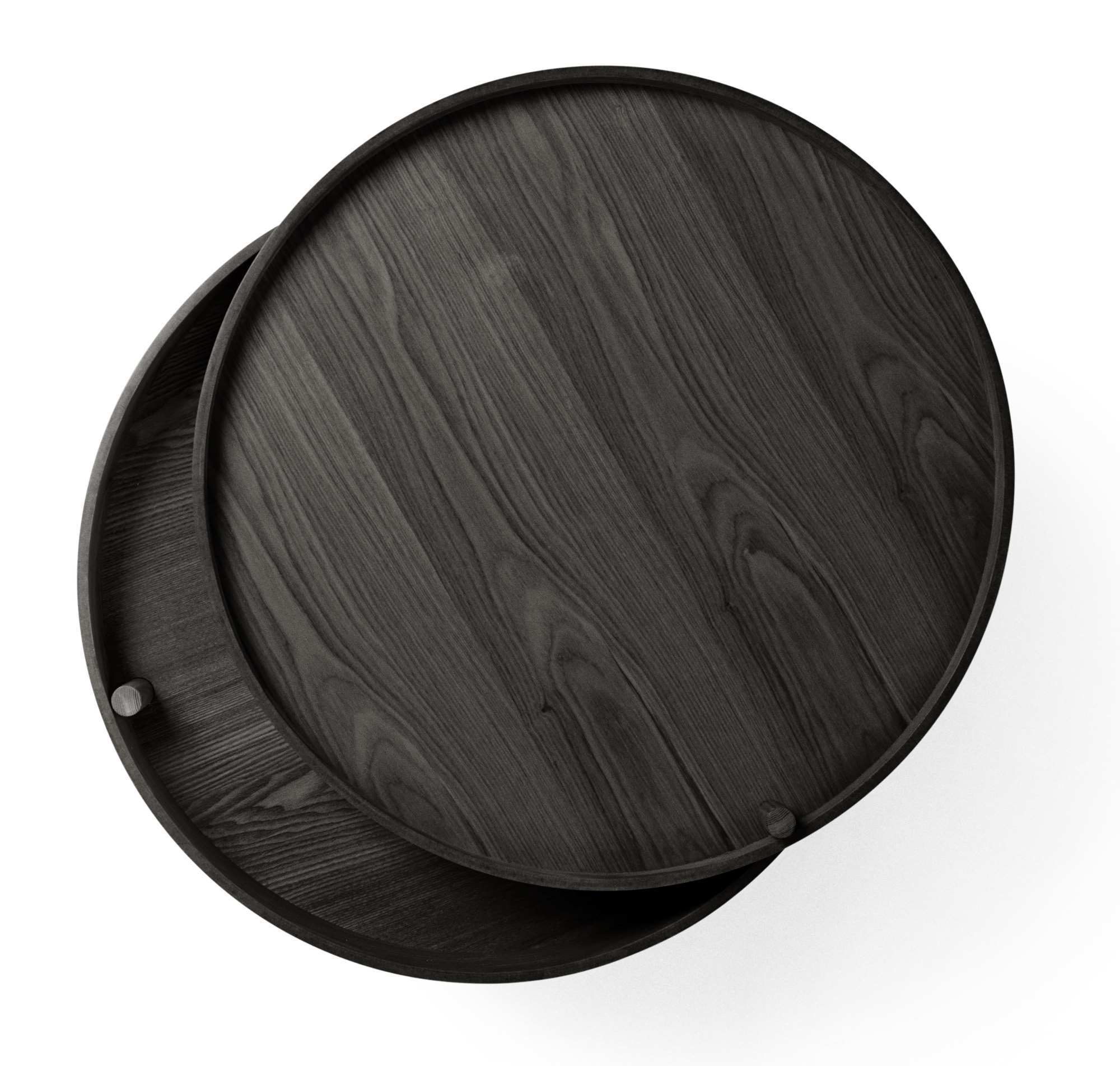 Turning Table Beistelltisch Esche schwarz von Audo, runder Holztisch mit drehbarer Tischplatte, modernes Möbeldesign.