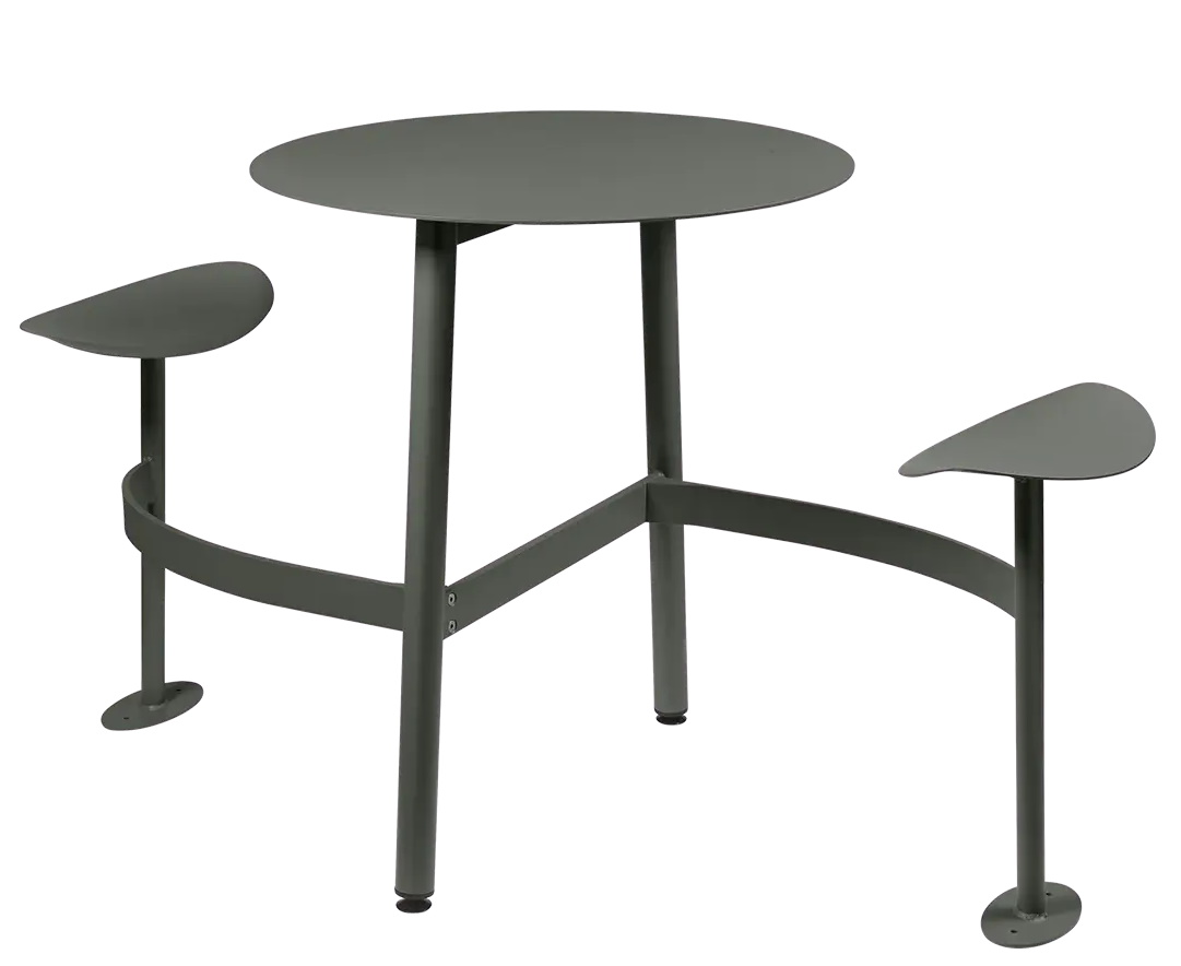 Fermob Bolder 2-Sitzer Outdoor Tisch mit integrierten Sitzflächen in Grau, ideal für kleine Balkone.