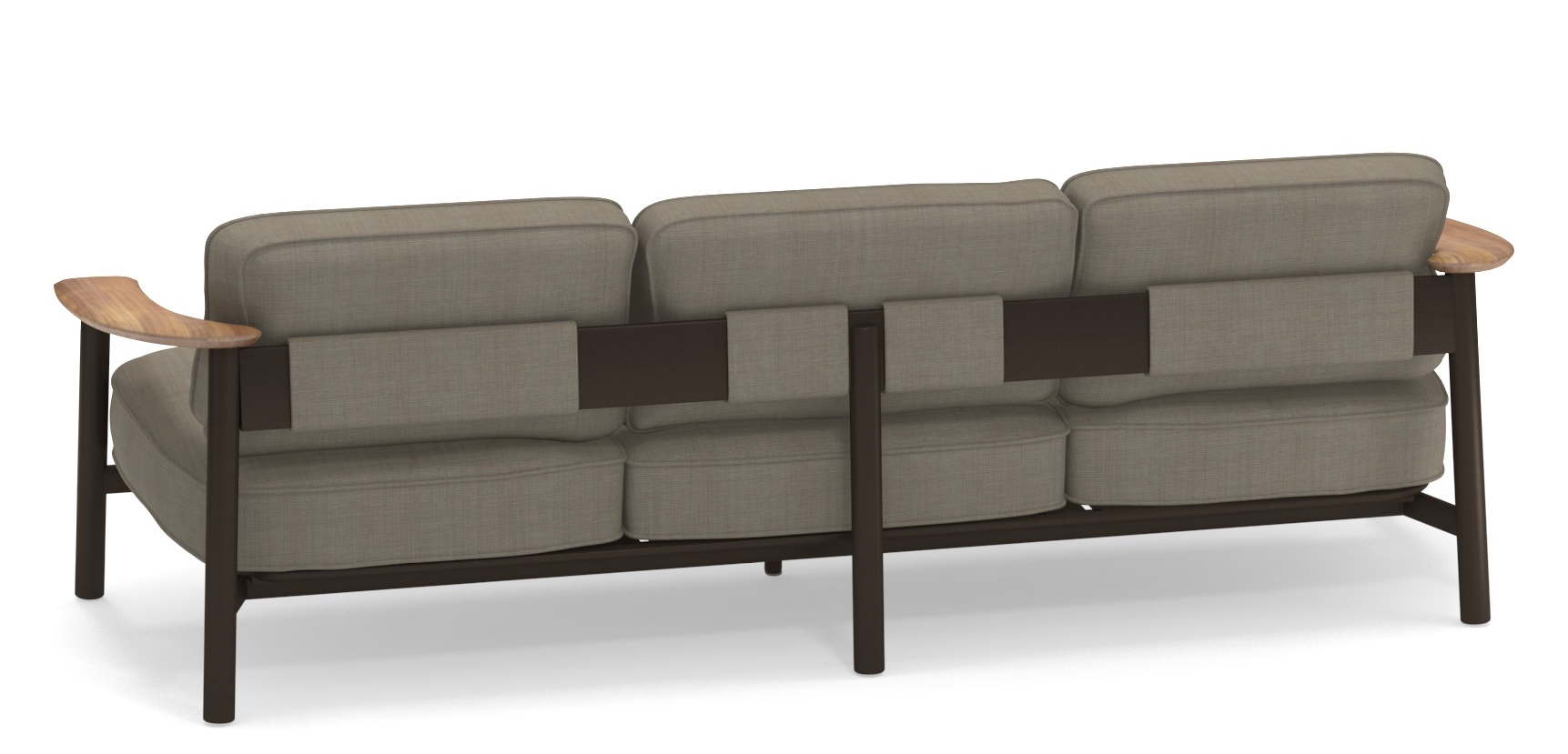 Rückansicht des Emu Twins Outdoor Sofa mit braunem Rahmen und hellbraunen Polstern.