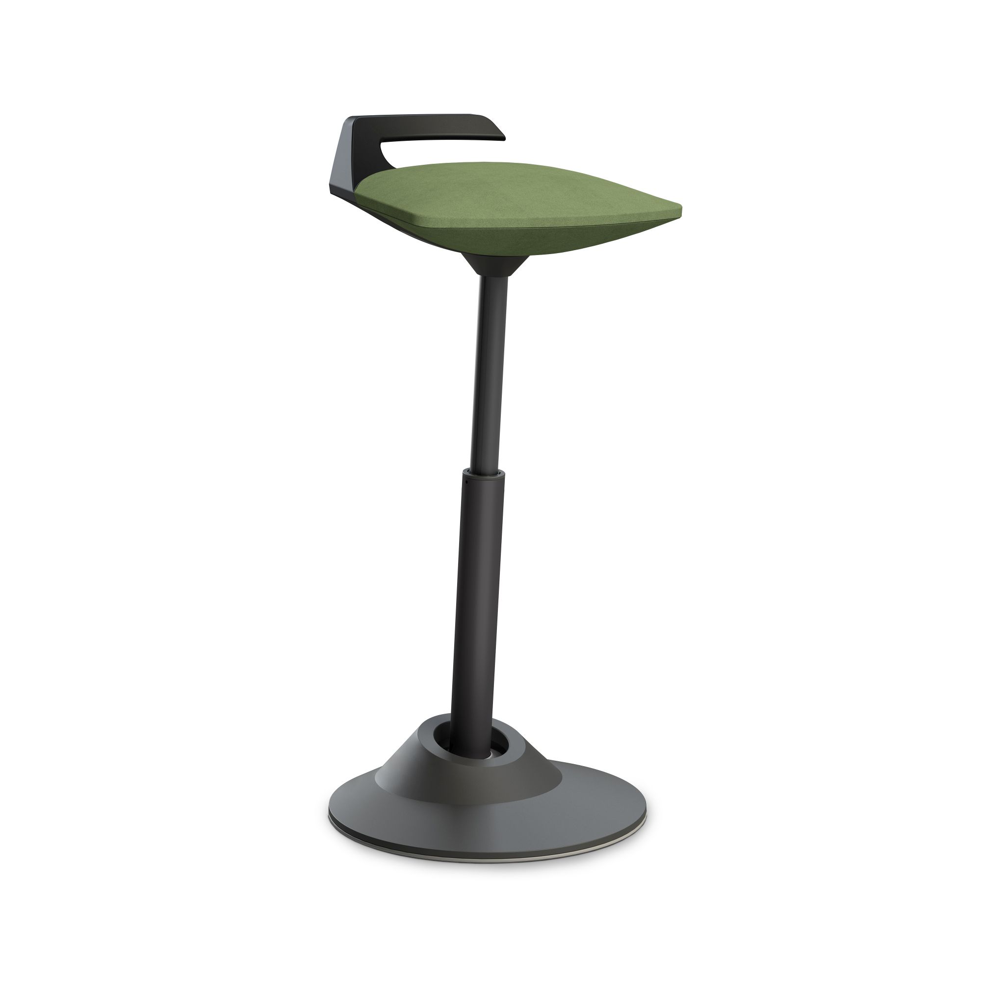 Olivgrüner Steh-Sitz-Hocker mit schwarzem Fuß und Griff für ergonomisches Arbeiten im Büro.