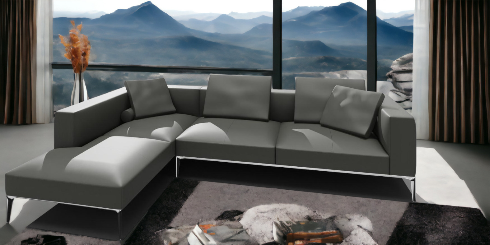 Jaan Living Sofa, 3-Sitzer Ledersofa in Khaki mit Kissen und Komfortrollen.