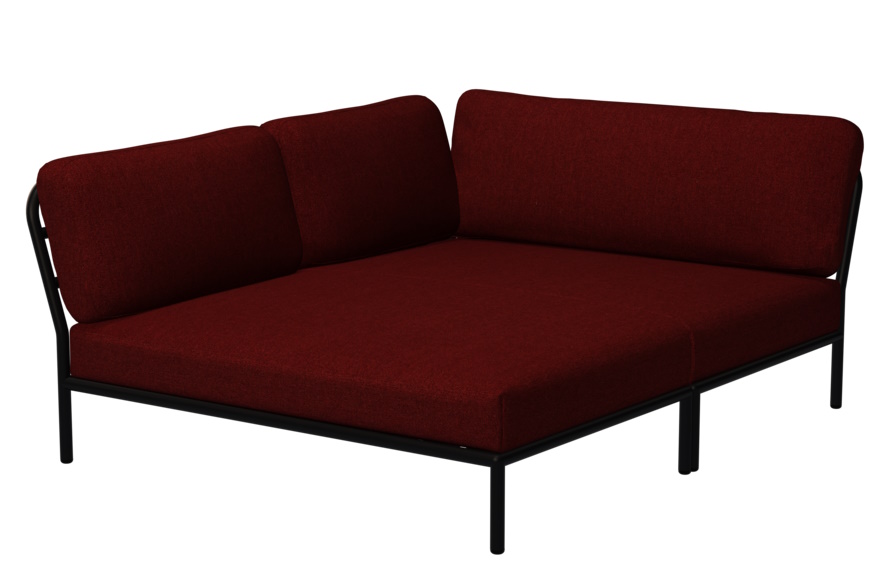 Level 2 Cozy Corner Ecksofa links von Houe, rotes Outdoor Sofa mit schwarzem Rahmen.