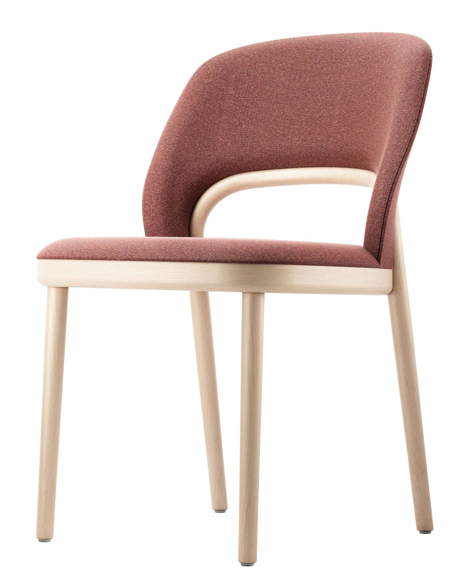 520 P Thonet Stuhl mit rotem Polster und hellem Holzgestell, seitliche Ansicht.