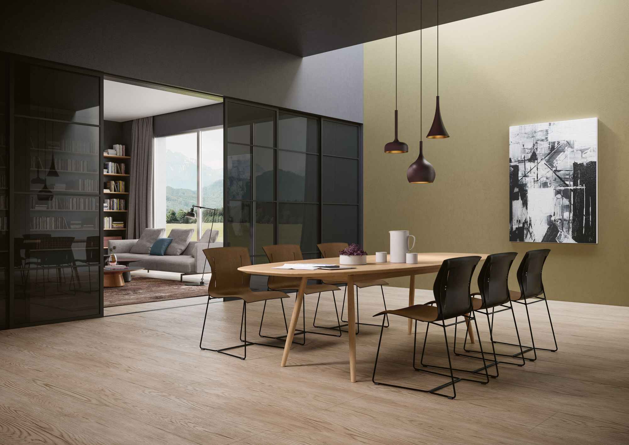 Esszimmer mit Walter Knoll Esstisch Moualla Table, Holzoberfläche und modernen Stühlen.