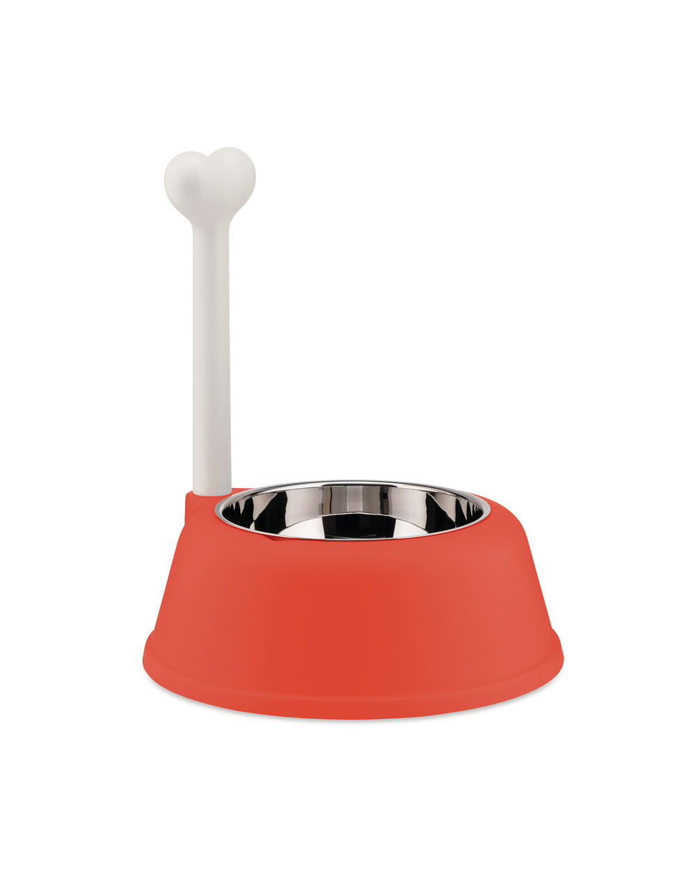 Roter Alessi Lupita Hundenapf mit Edelstahleinsatz und Knochen-Griff für Futter und Wasser.