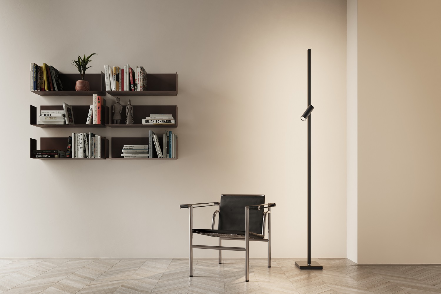 Zen X Floor Lamp Stehleuchte in minimalistischem Wohnzimmer mit Bücherregal und Sessel.