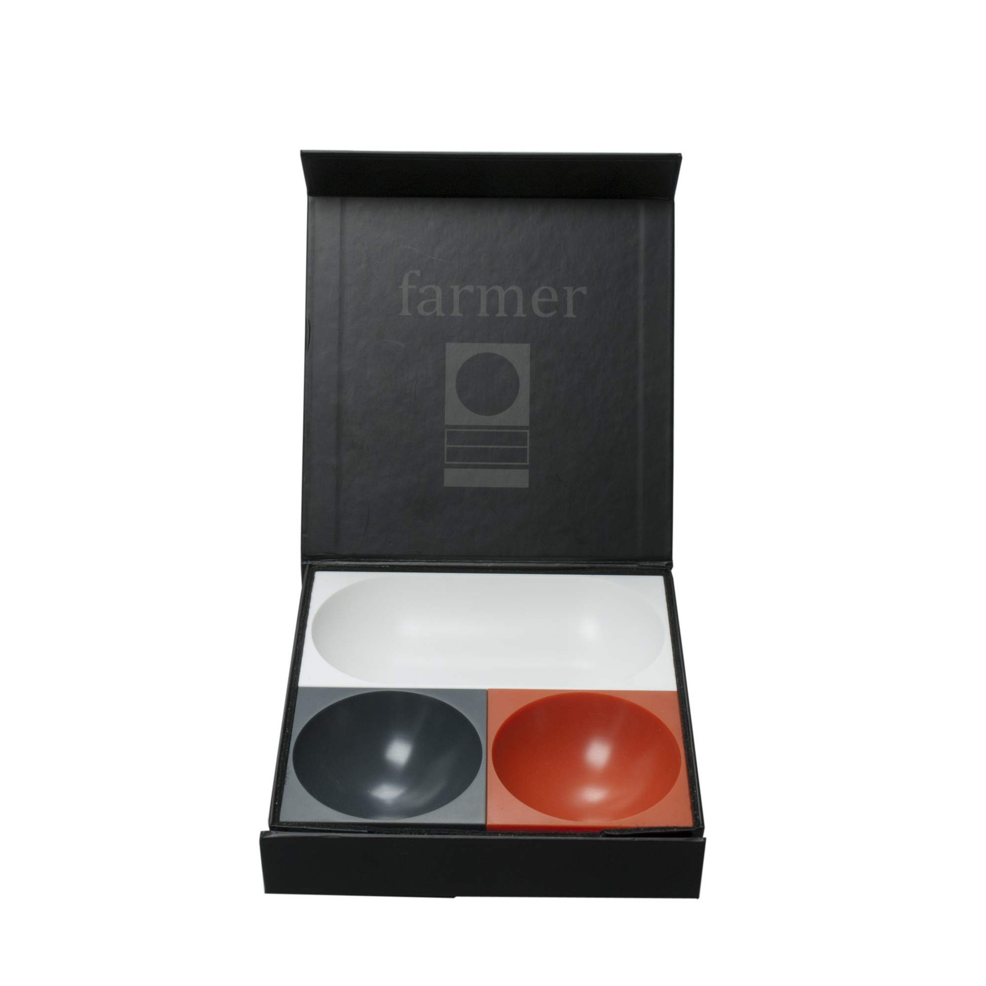 Farmer Schalen Set: Drei magnetische Schalen in Weiß, Grau und Orange in Geschenkbox.