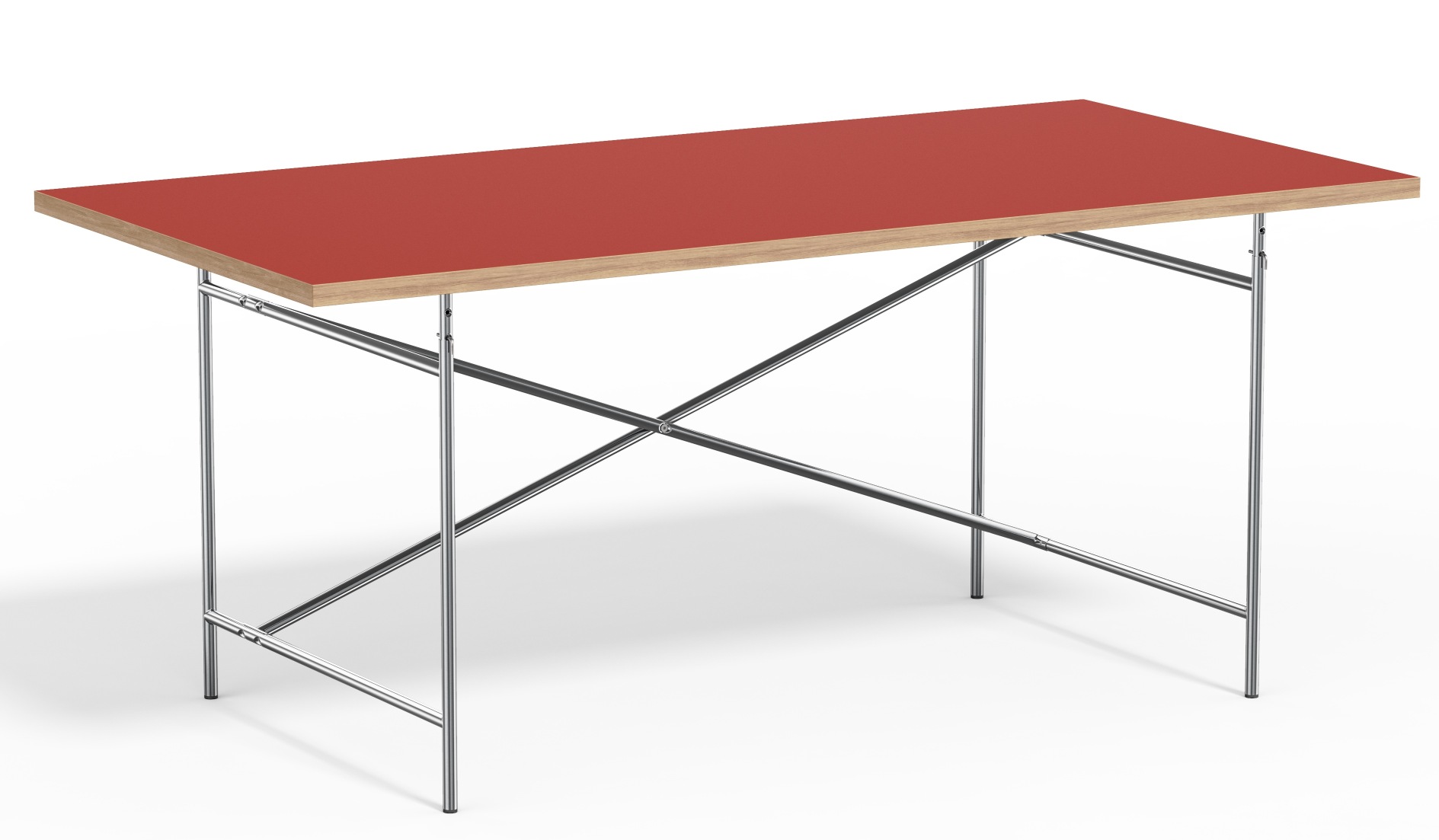 Eiermann Tisch mit roter Tischplatte und verchromtem Stahlgestell, Designklassiker von Richard Lampert.
