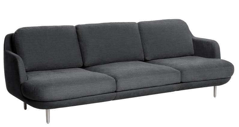 Graues Lune Sofa von Fritz Hansen, modernes 3-Sitzer Sofa mit Stoffbezug und Metallfüßen.