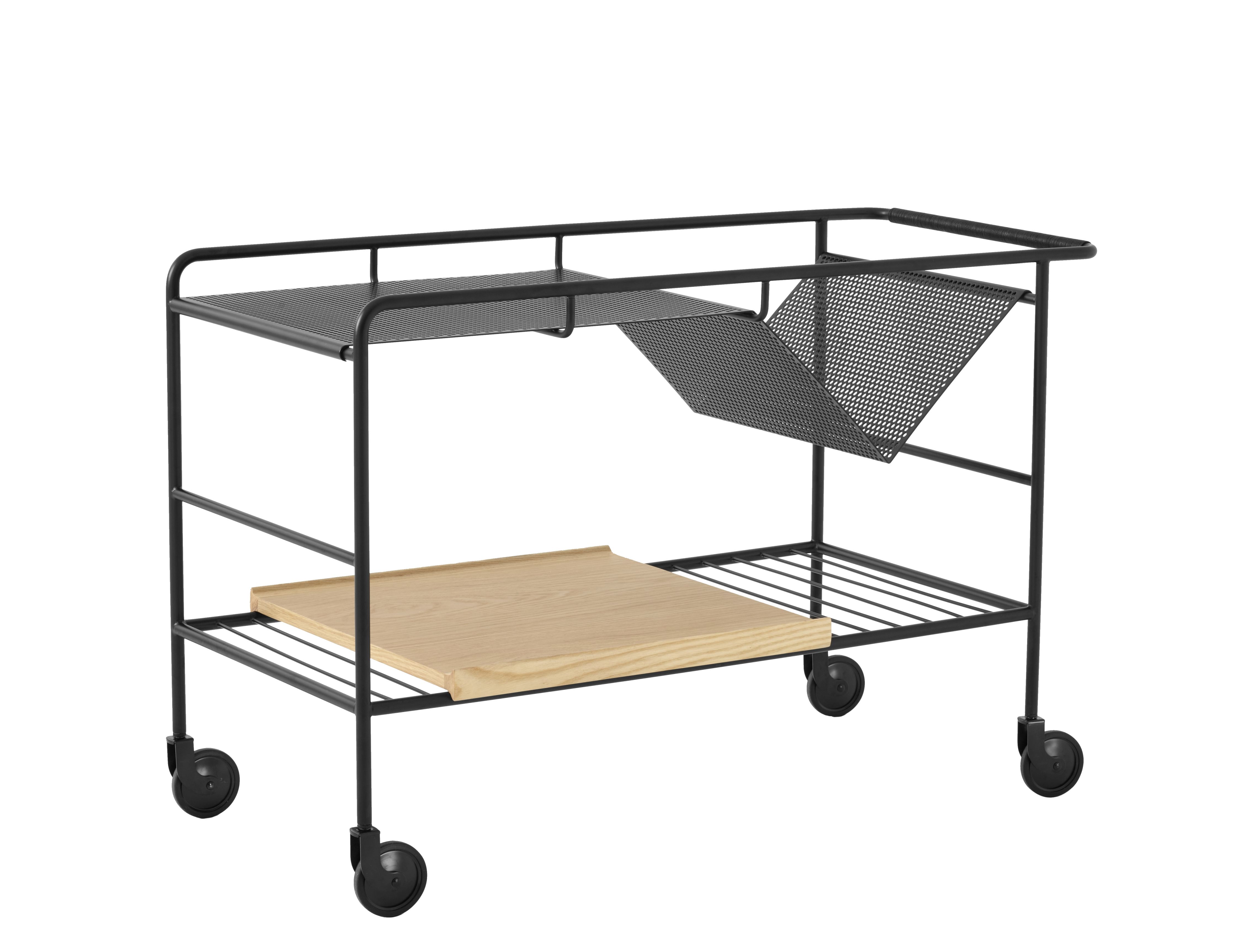 Alima NDS1 Rollwagen von AndTradition, Servierwagen aus schwarzem Metall mit Holzablage und Rollen.