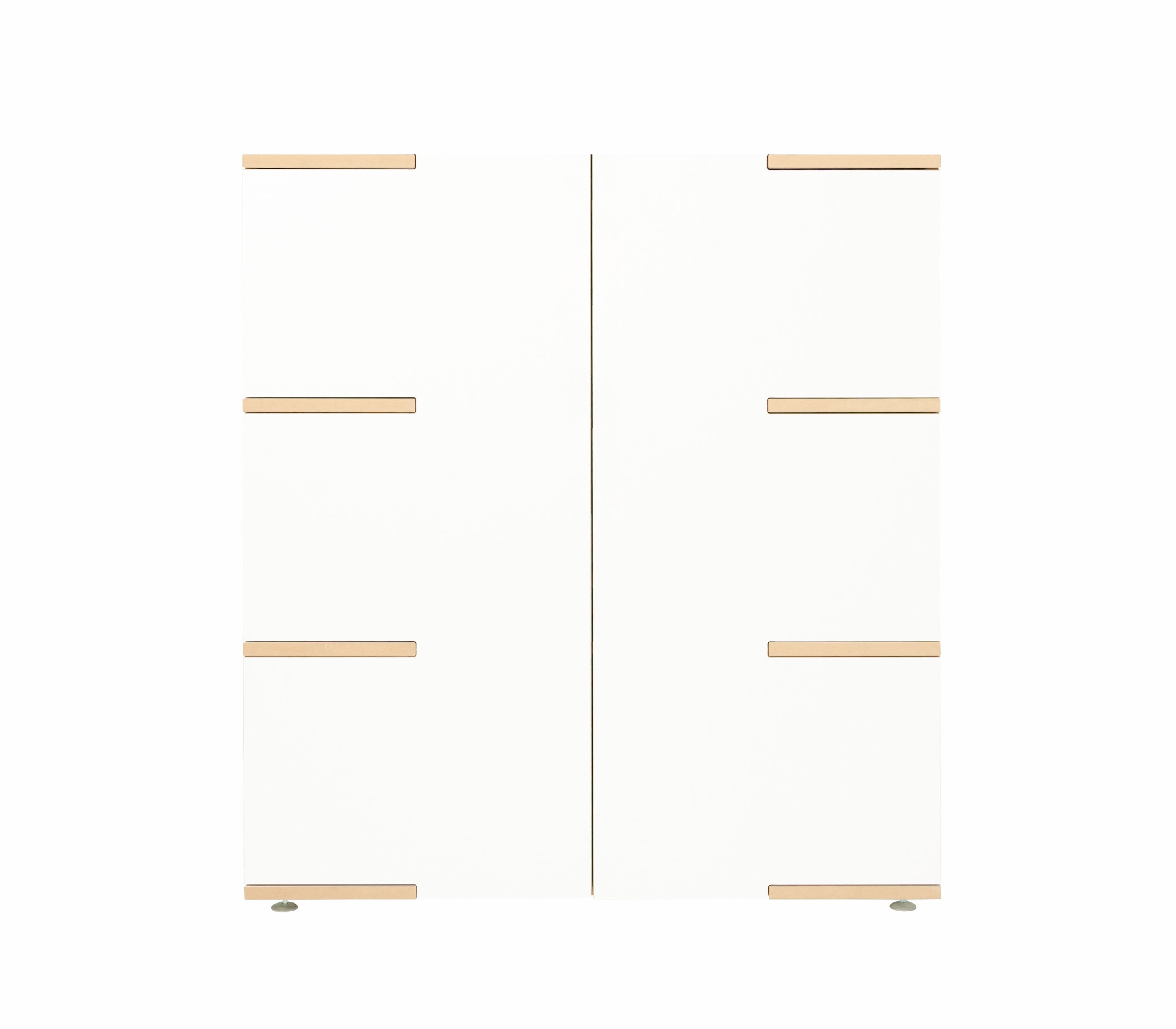 Weißes Tojo Sideboard mit zwei Türen und hellen Holzgriffen für modernes Wohnen.