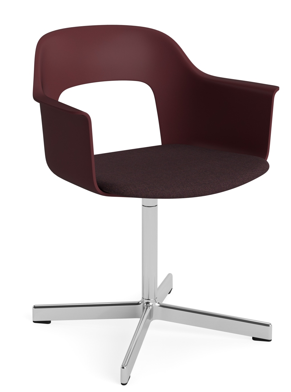 Layout Armchair 233 von Hay, moderner Armlehnstuhl in Bordeauxrot mit Drehfuß aus poliertem Aluminium.
