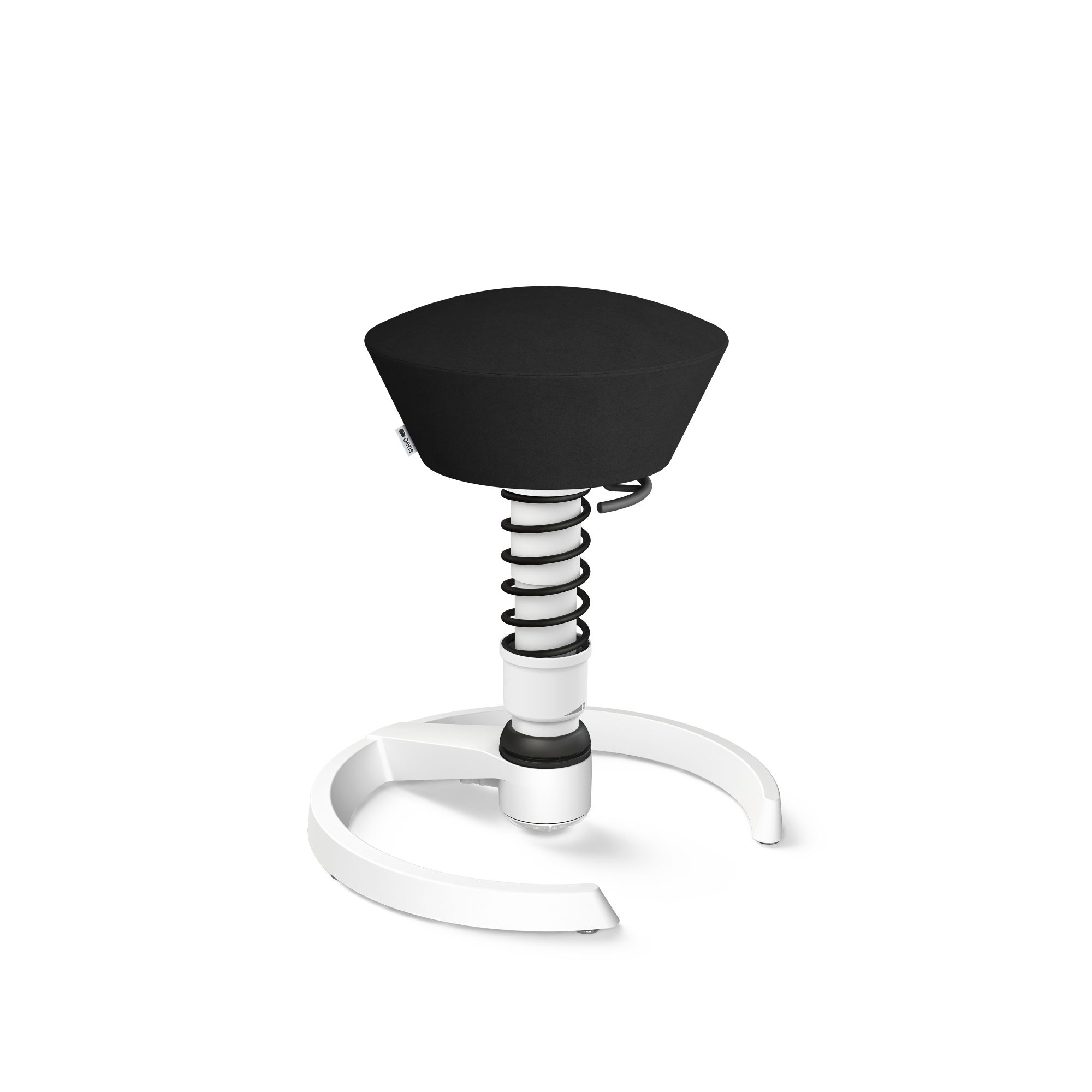 Aeris Swopper Aktiv-Hocker mit schwarzem Sitz und weißem Fußkreuz, ergonomisch und dynamisch.