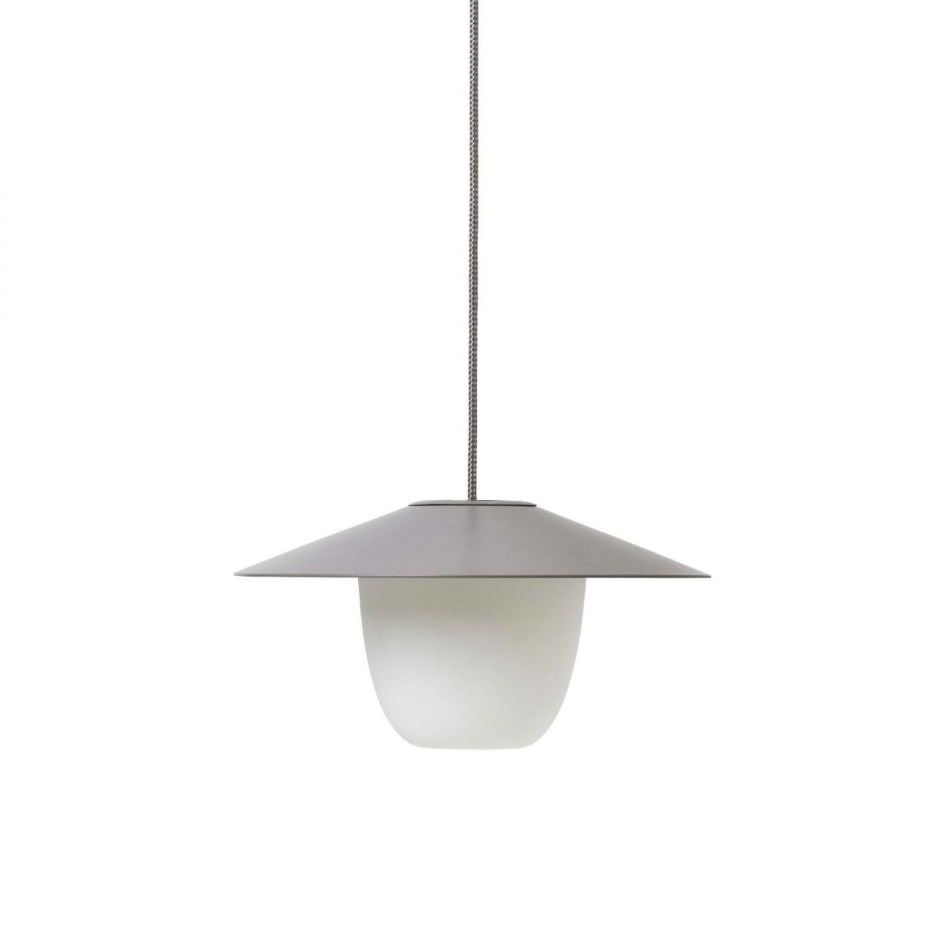 Ani Mobile LED Tischleuchte von Blomus: Moderne Hängeleuchte mit grauem Schirm und opalweißem Diffusor.