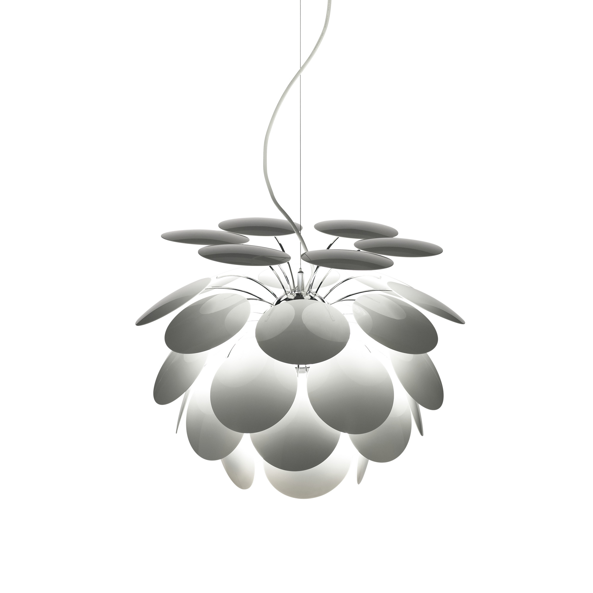 Weiße Discocó Pendelleuchte von Marset: Moderne LED-Lampe mit runden, überlappenden Schirmen.