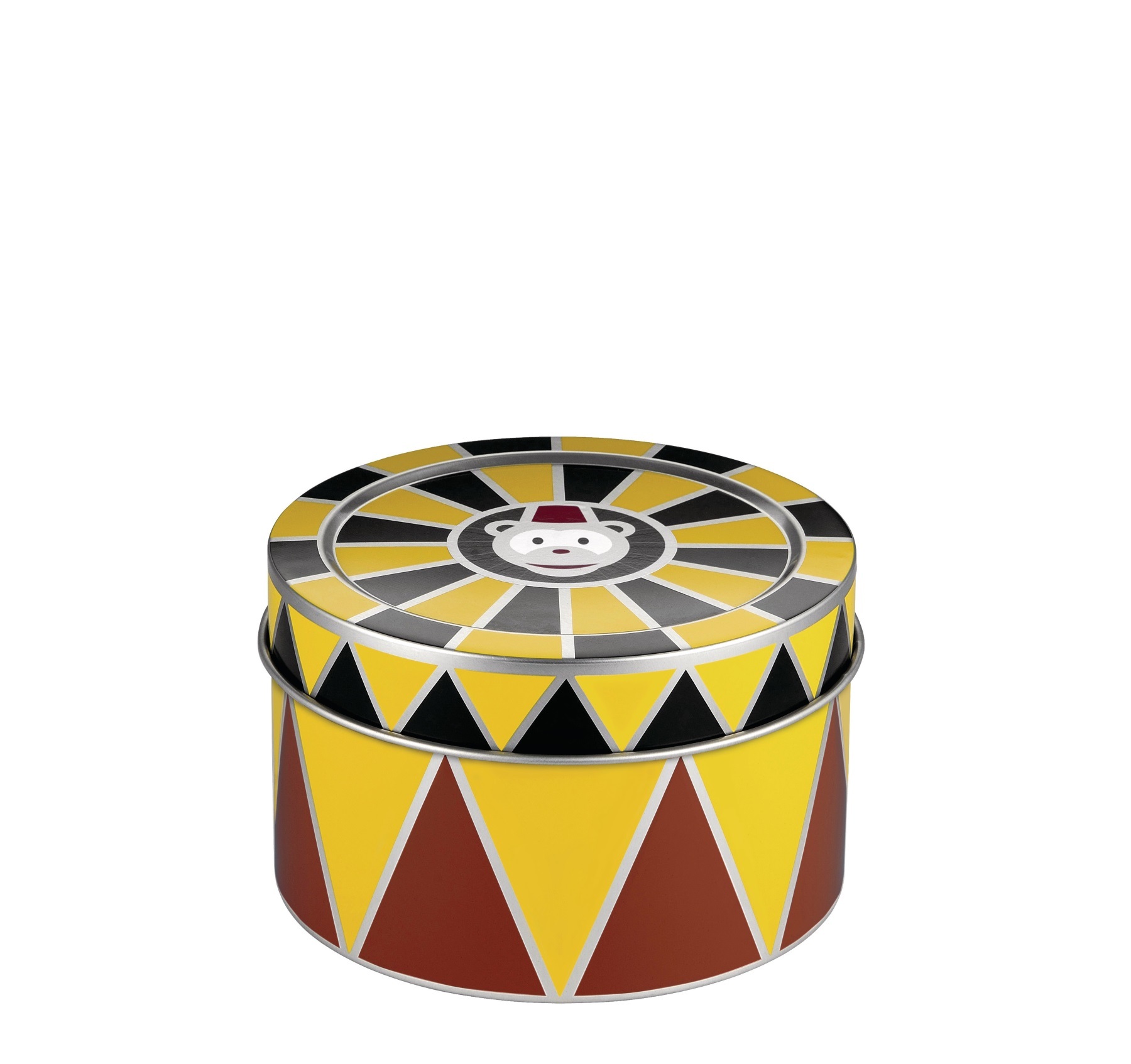 Alessi Circus Dose: Gelbe Metalldose mit Zirkusmuster und Bärenmotiv für Kekse und Aufbewahrung.