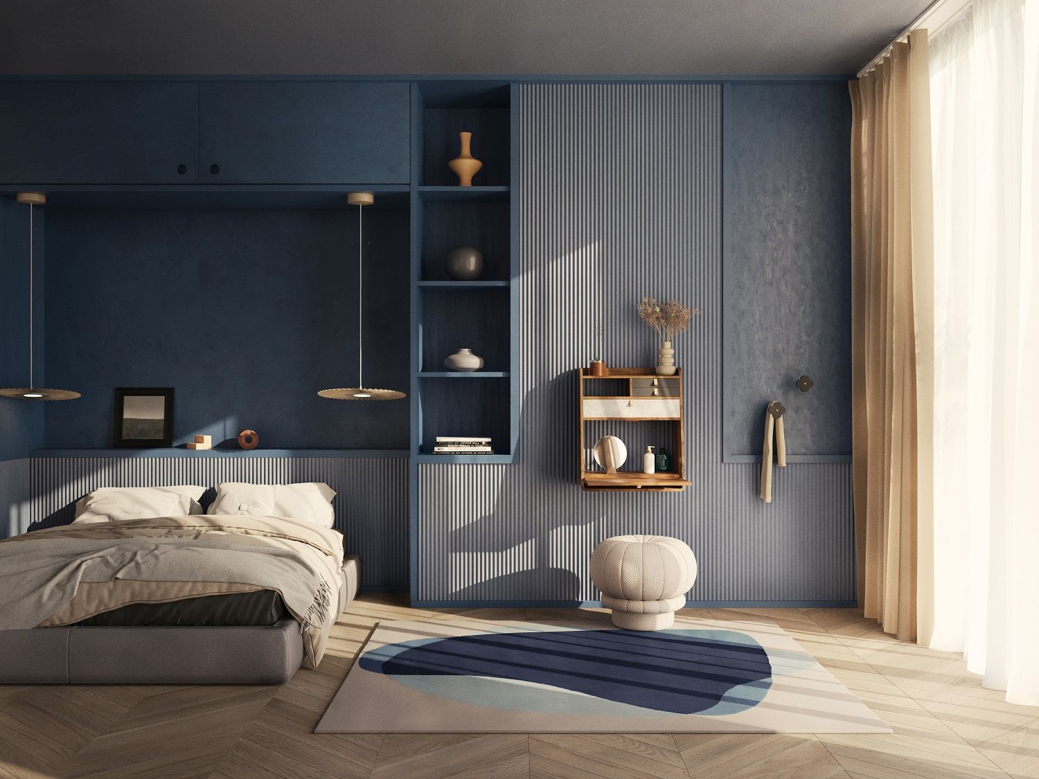 Gaston Wandsekretär 60 Hartô im Schlafzimmer: Moderner Holzsekretär mit Stauraum, Spiegel und Ablageflächen an einer blauen Wand.