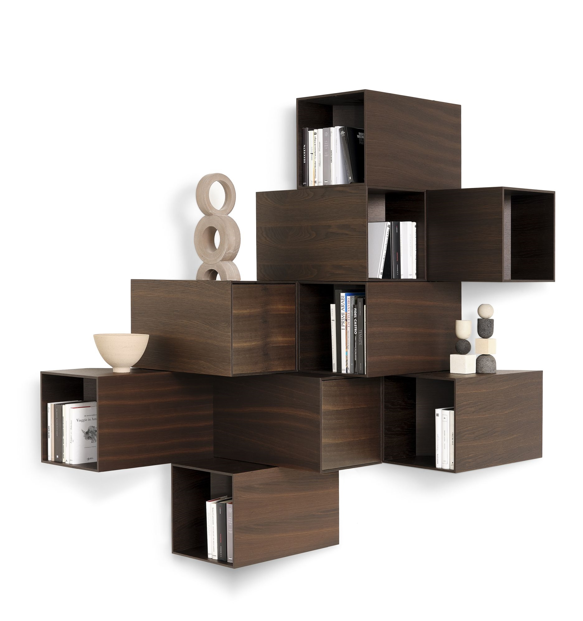 Cellula Wood Wandschrank-Modul von Mogg, modernes Design, dunkles Holz, Bücherregal, Wohnzimmer, modulare Wandgestaltung.
