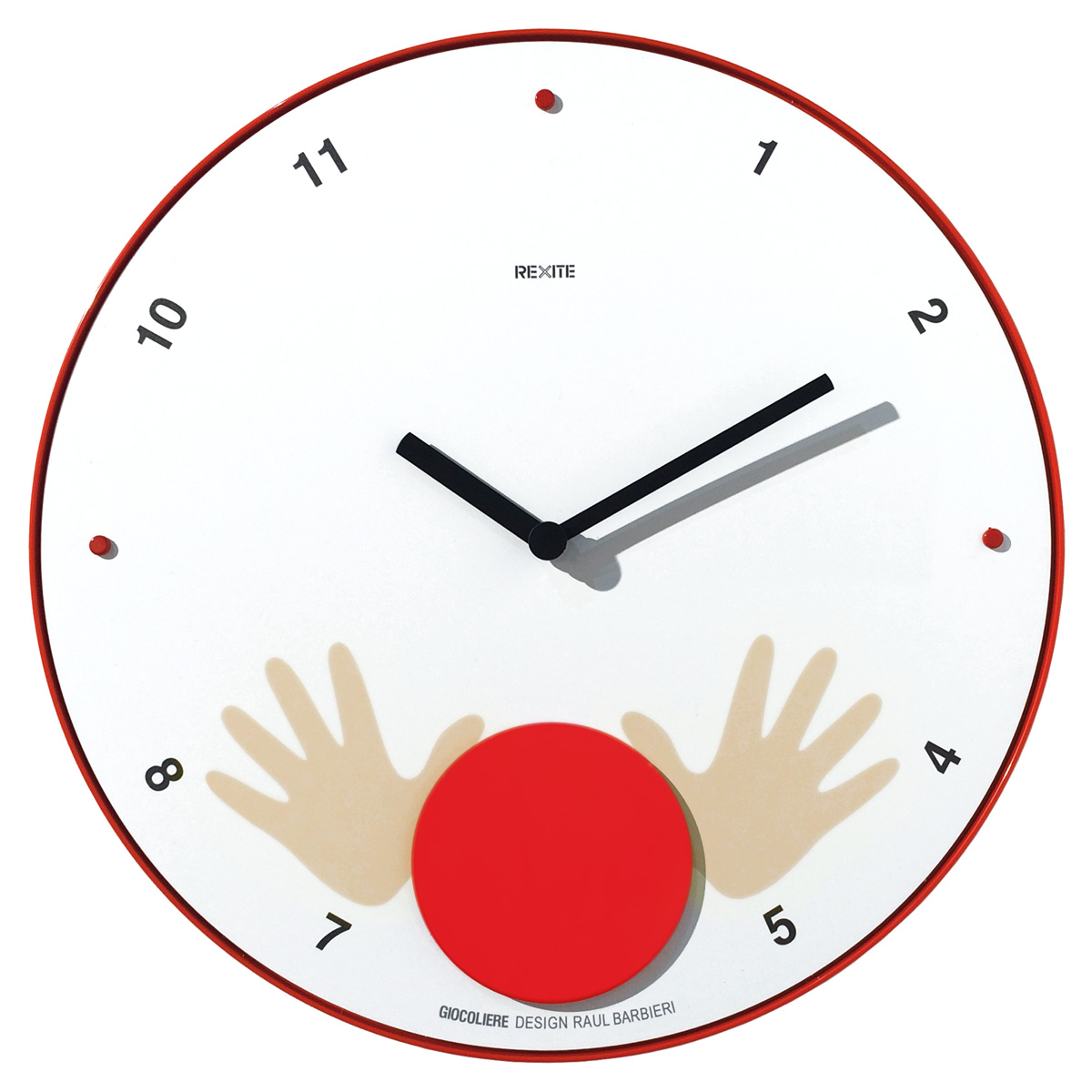 Appuntamento Wanduhr von Rexite: Runde, weiße Designer-Wanduhr mit rotem Rand und Händen als Motiv.