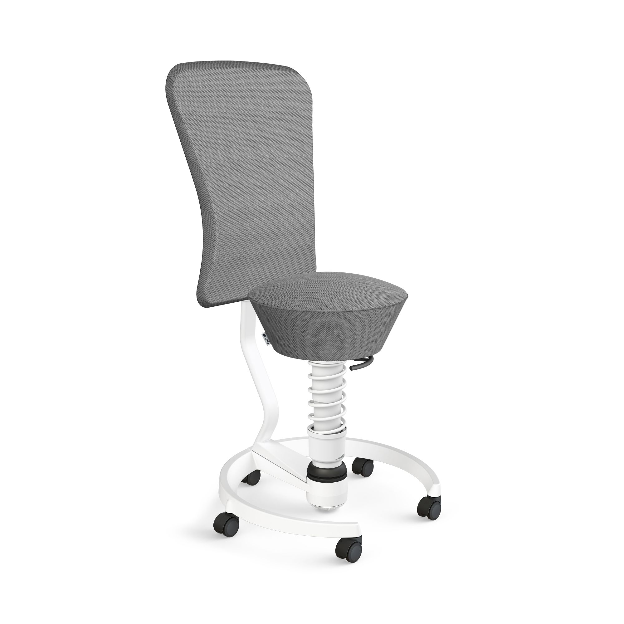 Grauer Bürohocker mit Rückenlehne, Federung und Rollen, ideal für ergonomisches Sitzen im Büro.