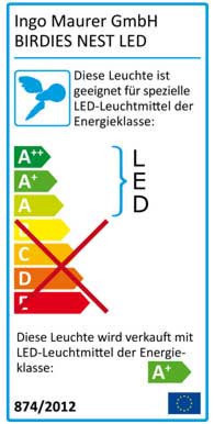 Energieeffizienzlabel der Birdie's Nest LED Hängeleuchte von Ingo Maurer, mit Informationen zur Energieklasse.