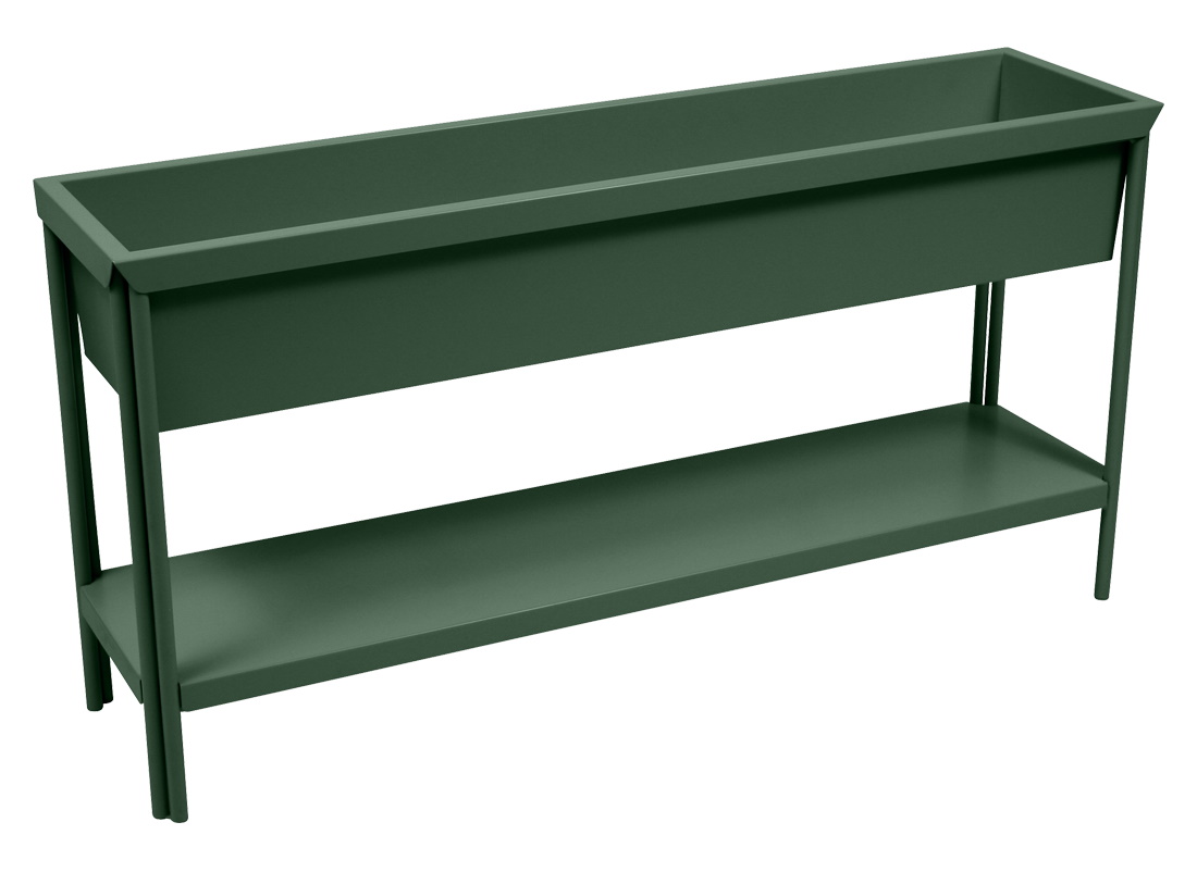 Fermob Terrazza Blumenkasten in Waldgrün: Moderner Pflanzkasten aus Metall mit Ablage für Garten und Terrasse.
