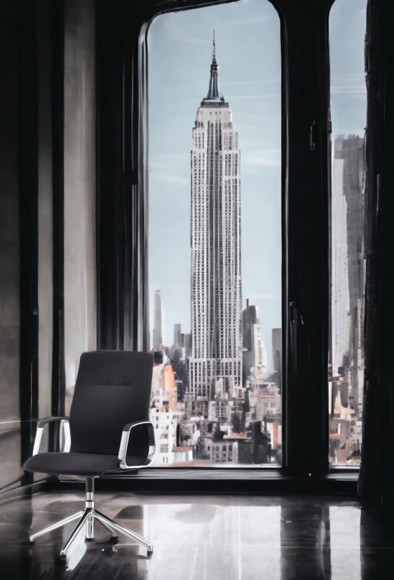 Schwarzer Decide Konferenzsessel von Wilkhahn auf Gleitern vor Fenster mit Blick auf New York.