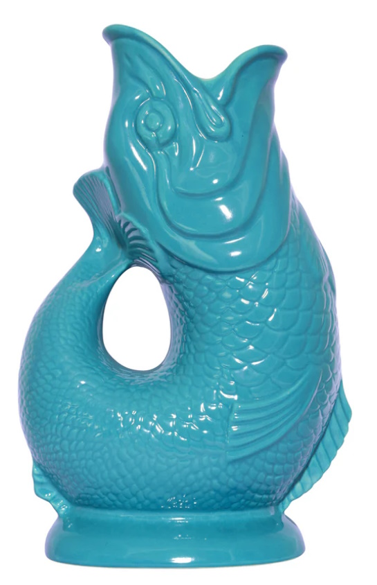 Türkisfarbene Gluckigluck Karaffe in Fischform, XL Vase aus Keramik für Wasser oder Blumen.