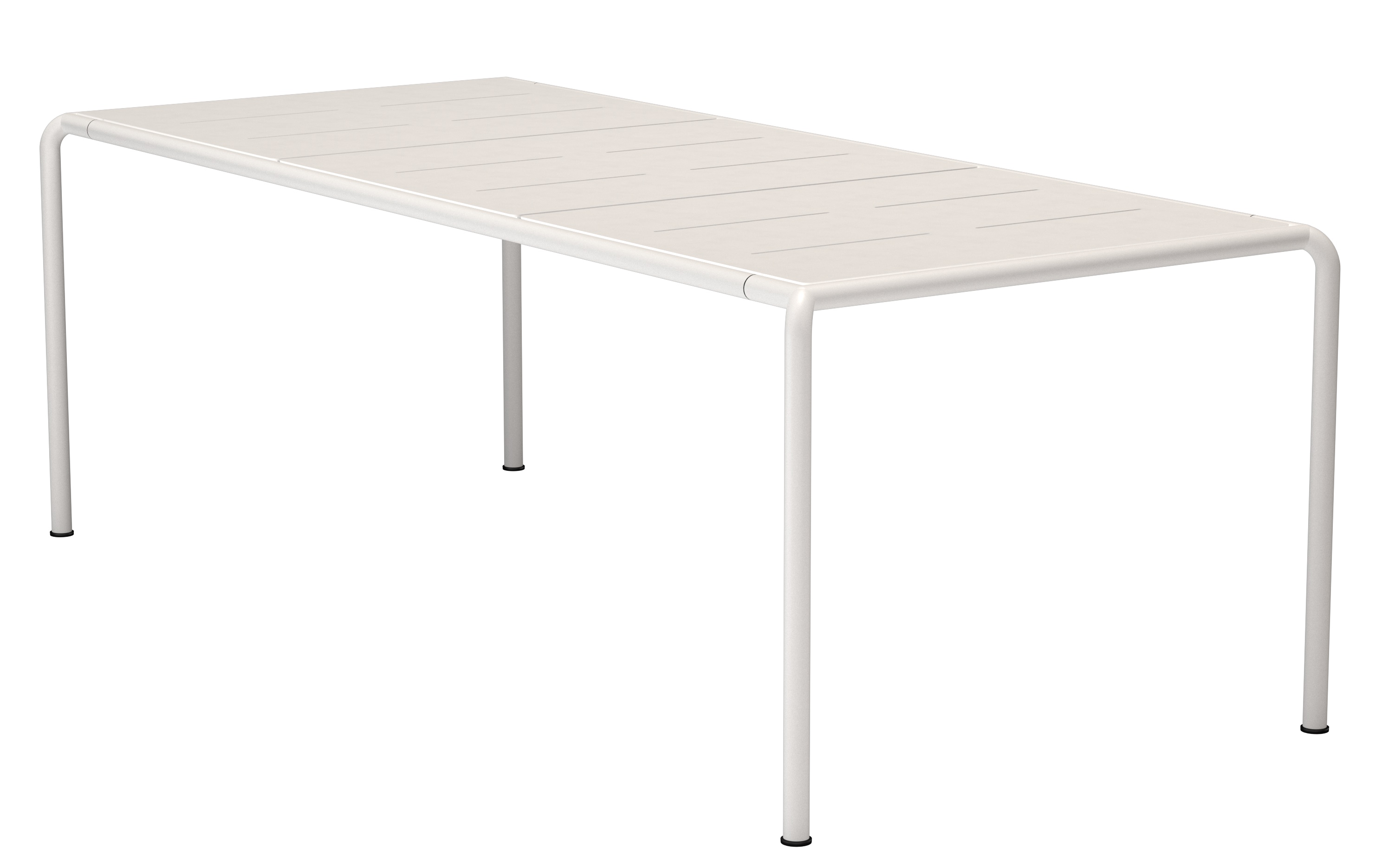 Avanti Esstisch von Houe für den Außenbereich, rechteckig, weißes Aluminiumgestell und Lamellen-Tischplatte.