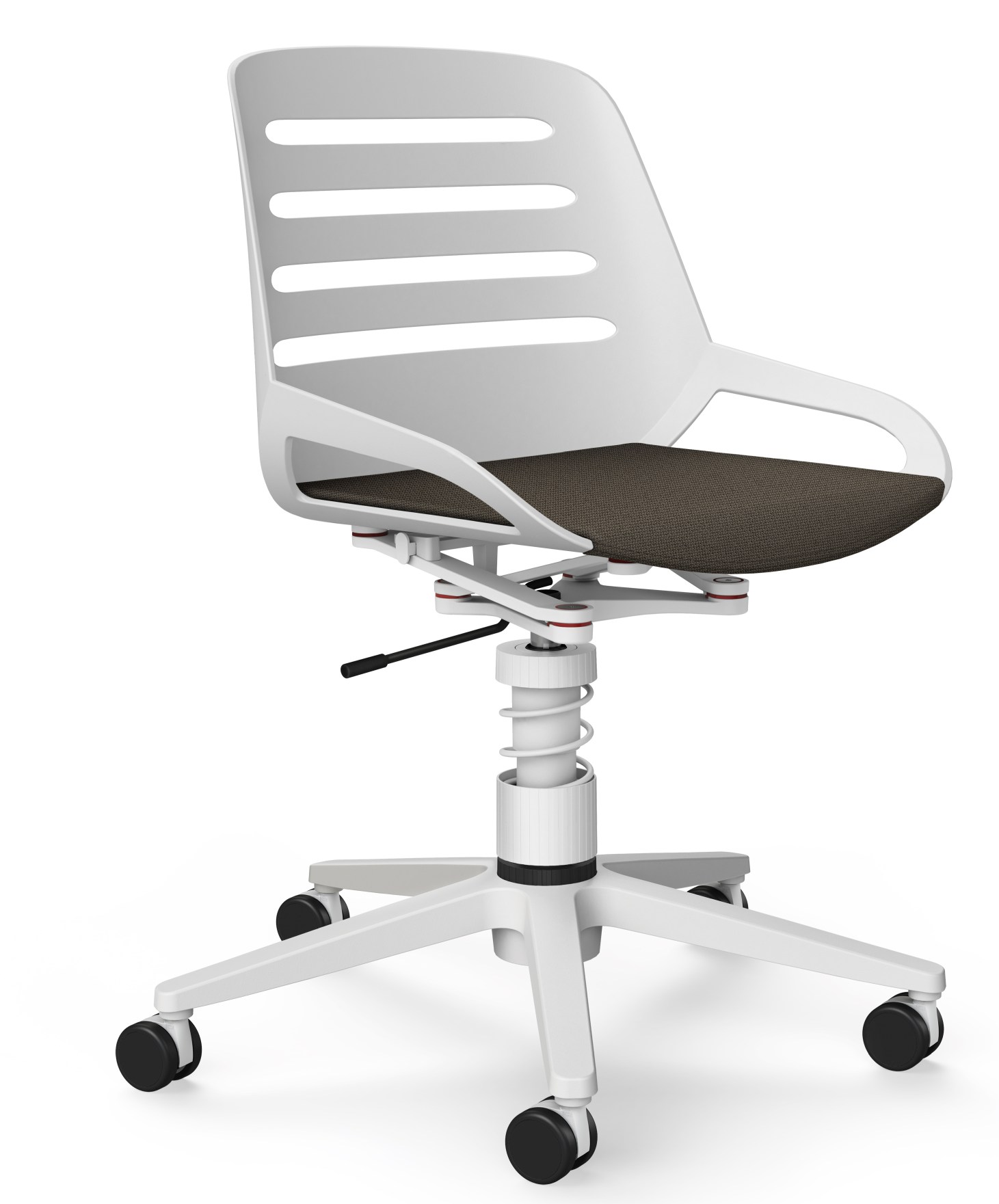 Numo Task Bürodrehstuhl von Aeris in Weiß mit braunem Sitzpolster und Rollen für ergonomisches Sitzen.