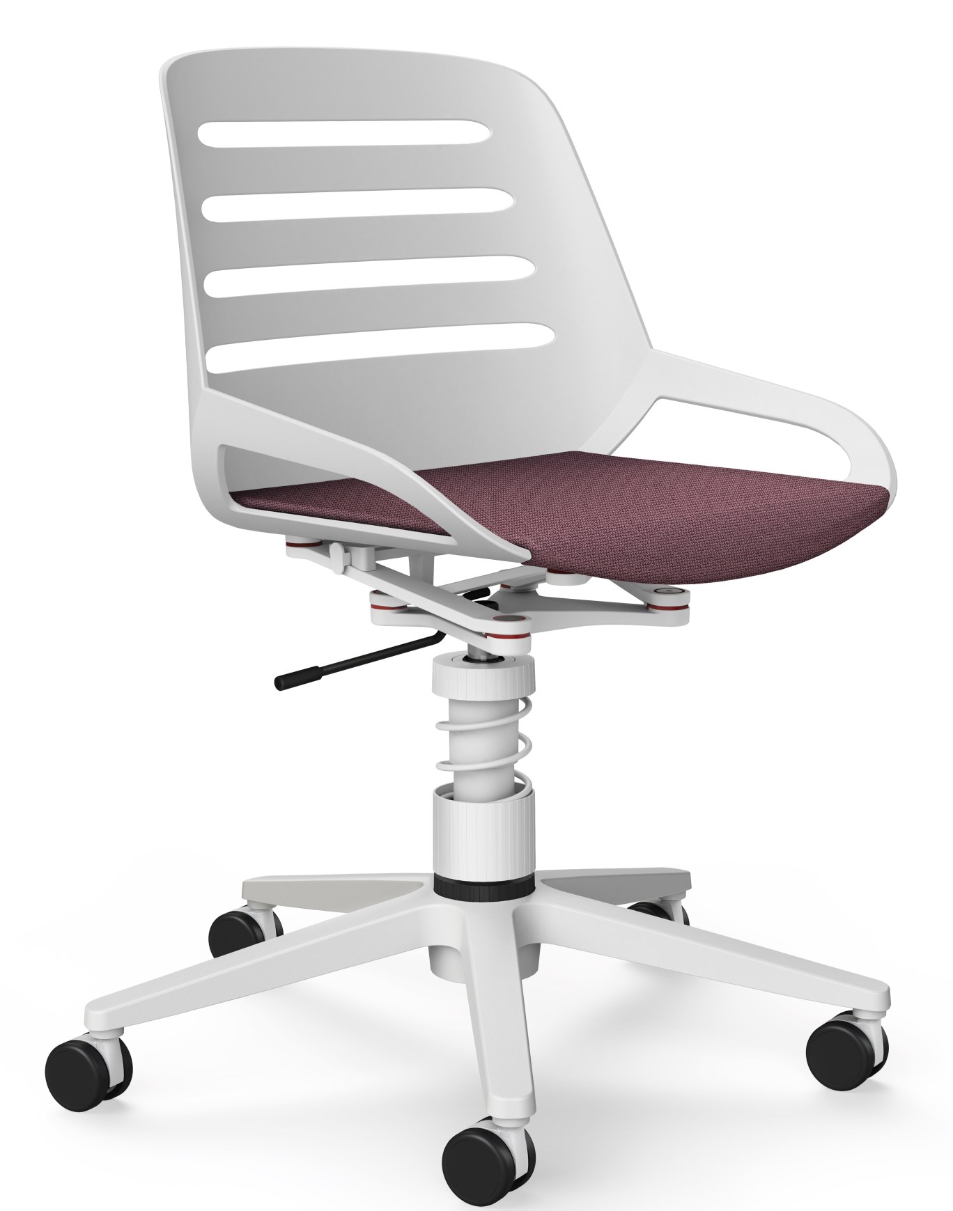 Numo Bürodrehstuhl von Aeris, weiß mit Federbein, Rollen und bordeauxrotem Sitzpolster, ergonomischer Arbeitsstuhl.