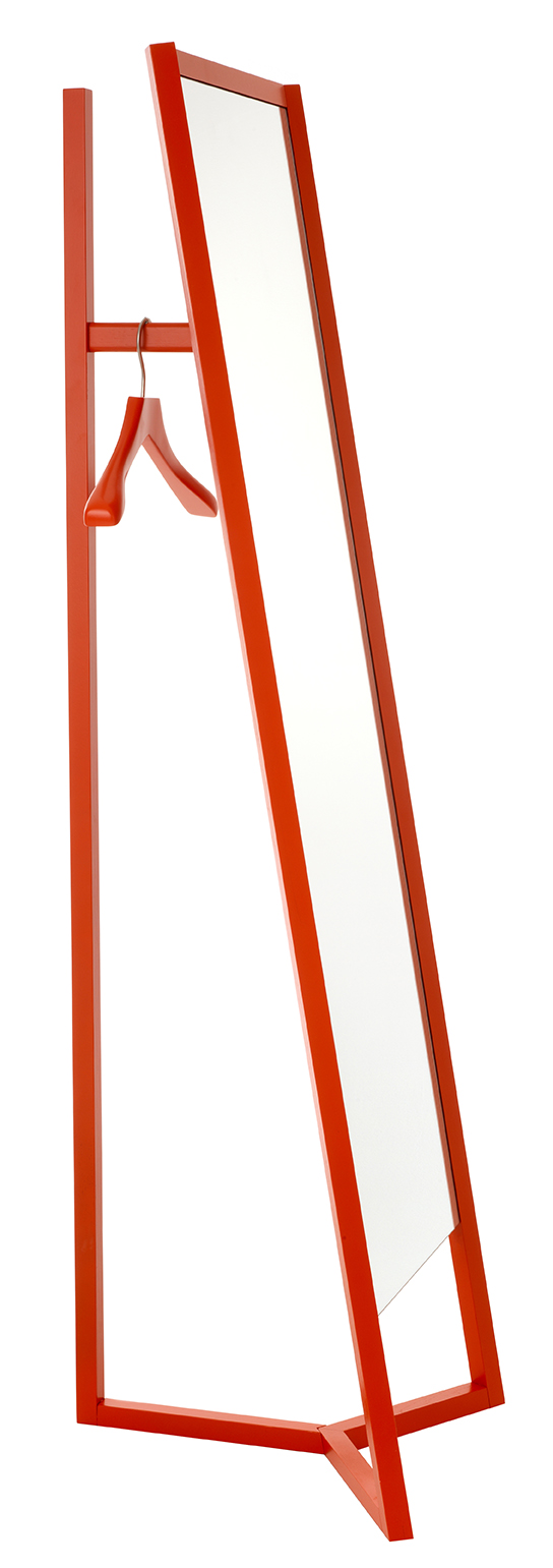Club Standspiegel mit Garderobe von Schönbuch, moderner Ankleidespiegel in Rot mit Kleiderbügel für Schlafzimmer oder Flur.