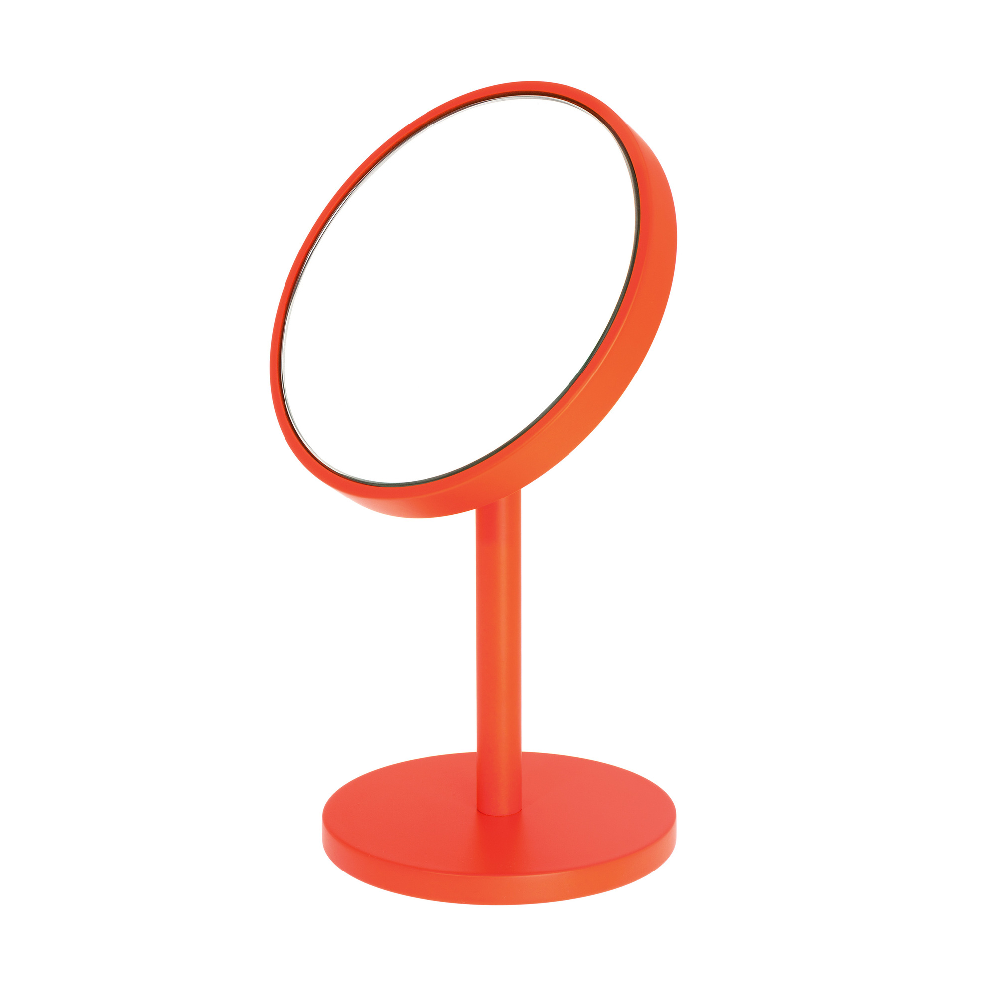 Beauty Schminkspiegel von Schönbuch, runder Kosmetikspiegel in Orange mit Standfuß für Bad und Schminktisch.