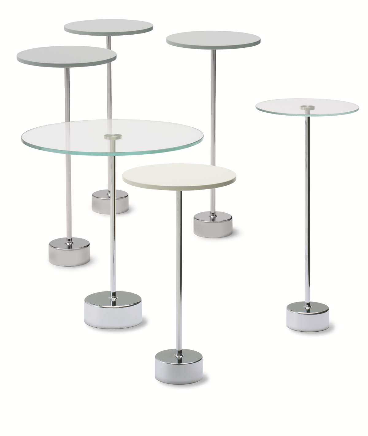 Mehrere Tablo Beistelltische mit runden Tischplatten in verschiedenen Farben und Glas. Moderner Beistelltisch für Wohnzimmer.