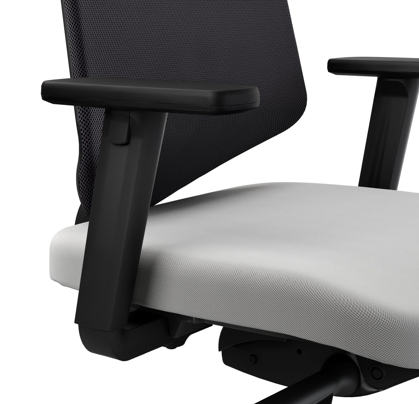 Detailaufnahme: HUG.Y Bürodrehstuhl mit schwarzer Rückenlehne, grauer Sitzfläche und verstellbaren Armlehnen. Ergonomischer Bürostuhl für komfortables Arbeiten.