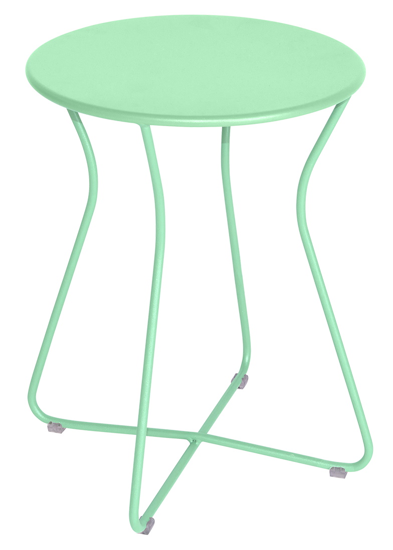 Cocotte Hocker von Fermob in Mintgrün, runder Outdoor-Hocker aus Metall, modernes Gartenmöbel Design.