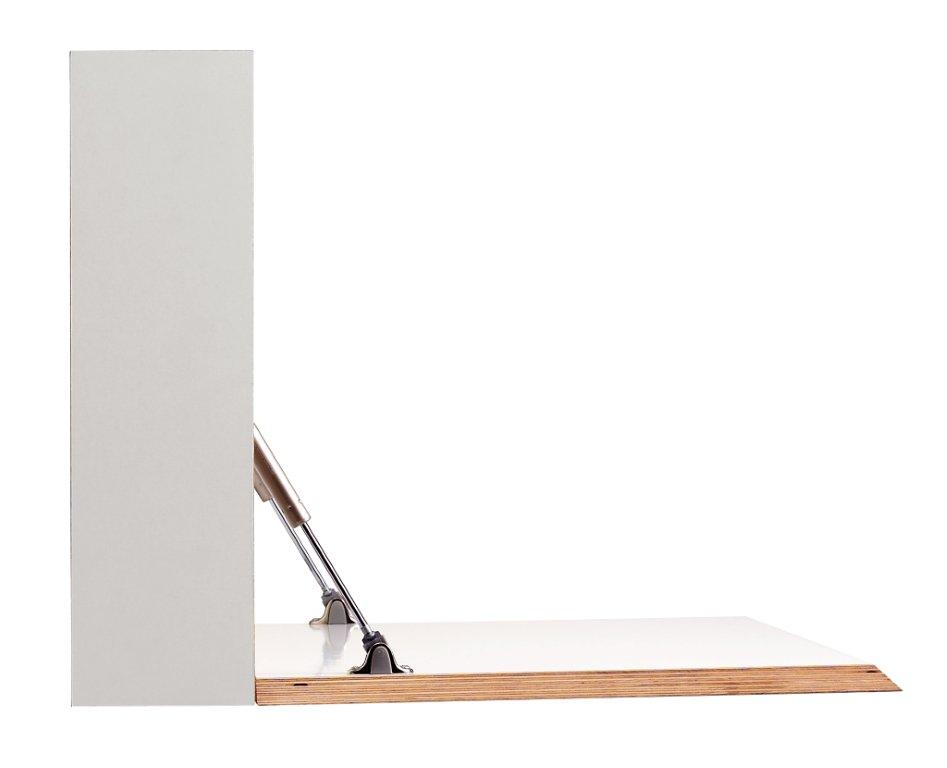 Detailaufnahme Flatbox Sekretär von Müller Möbelwerkstätten, weiße Schreibplatte geöffnet, minimalistisches Design.