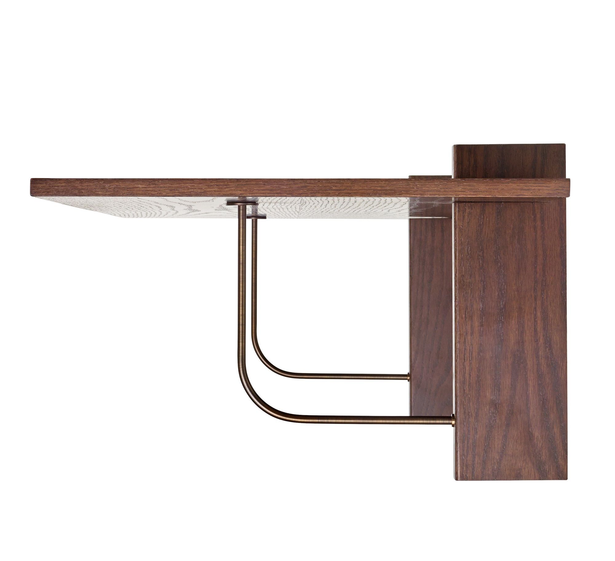 Audo Copenhagen Corbel Wall Desk Wandschreibtisch aus Holz mit bronzefarbenen Metallstreben, Seitenansicht.