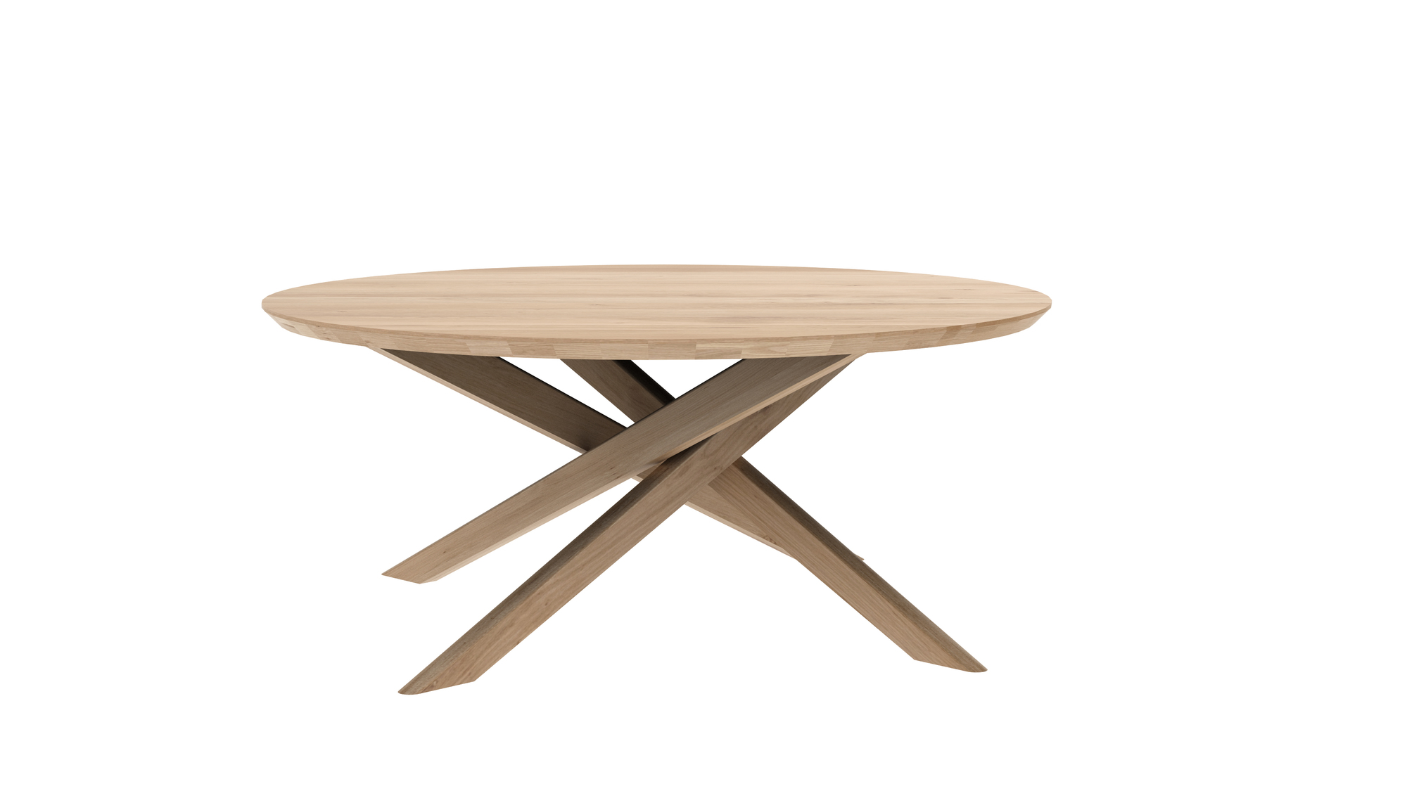Runder Mikado Couchtisch aus Eiche von Ethnicraft, modernes Design mit gekreuzten Beinen.