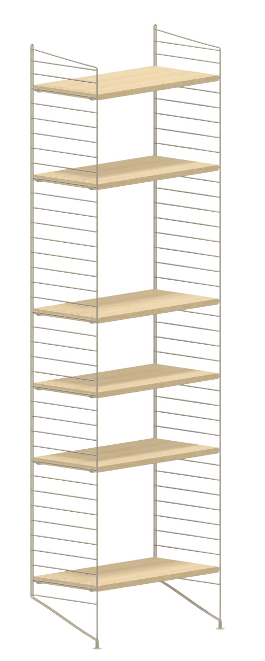 Wohnzimmer KONFIGURATIONEN L5 String Furniture Regalsystem mit hellem Holz und filigranen, silbernen Metallelementen.