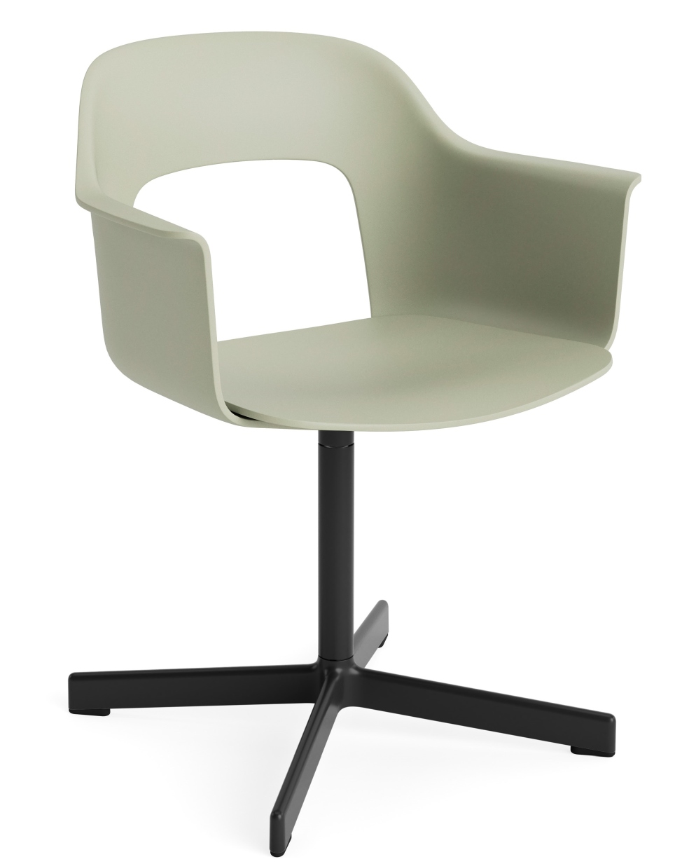 Layout Armchair 231 von Hay, moderner Armlehnstuhl in sanftem Grün mit schwarzem Drehfuß.