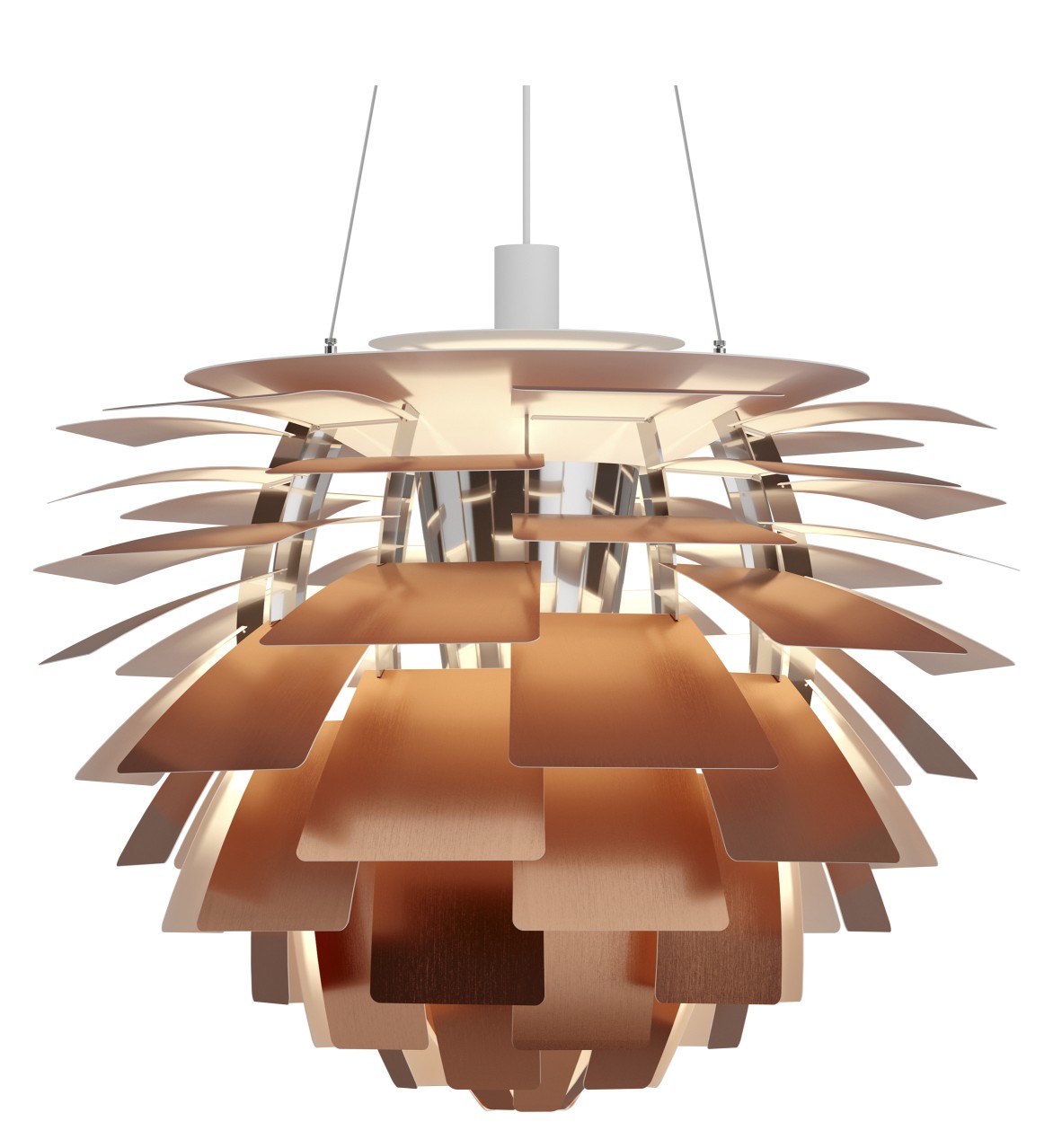 Nahaufnahme der PH Artichoke Pendelleuchte von Louis Poulsen in Kupfer, moderne Designerlampe für Wohnräume.