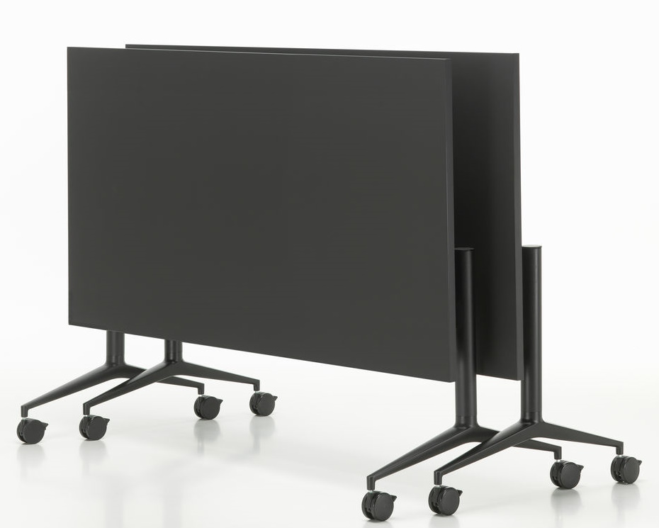 Vitra MedaMorph Klapptisch in Schwarz, zwei Tische zusammengeklappt und platzsparend auf Rollen gelagert.