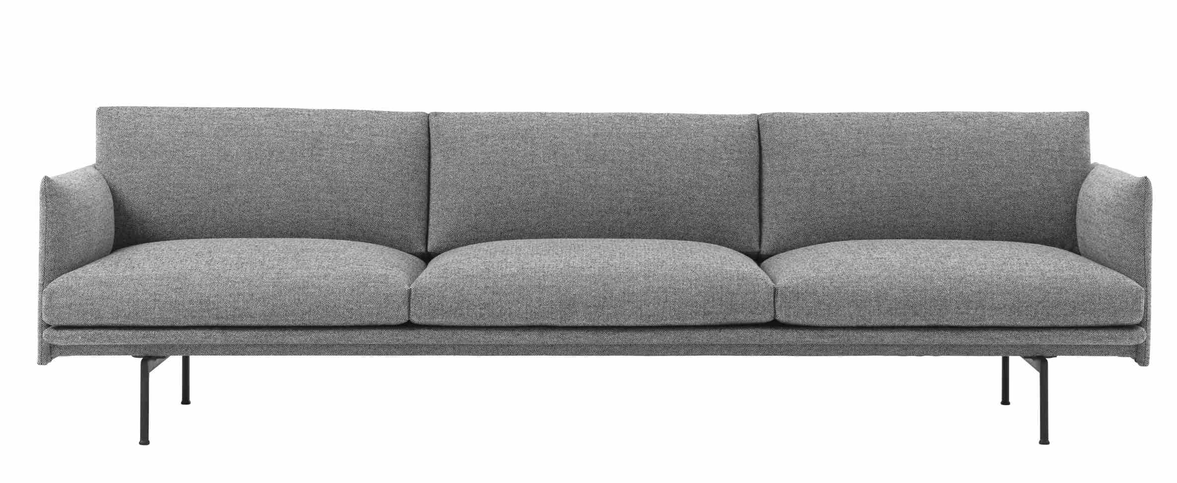 Graues Muuto Outline Sofa mit drei Sitzen und schwarzen Metallbeinen vor weißem Hintergrund.
